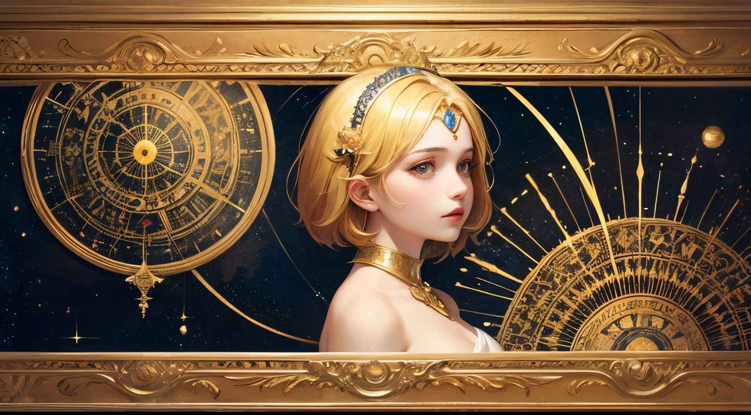 Realistic, (Masterpiece, Top Quality, Best Quality, Official Art, Beautiful and Aesthetic: 1.2), Very Detailed, Fractal Art, Colorful, Most Detailed, Leo, (Abstract Background: 1.5), (1girl: 1.3), (Cat class), yellow hair, bright eyes, earnest, combed back, short hair, milky way, huge magical gold Leo astrolabe, dream, fantasy, gold trim,beautiful detailed sky, Style and Decoration for Leo, leo goddess, (nsfw:0.8), delicate refective and high glass guardrail board