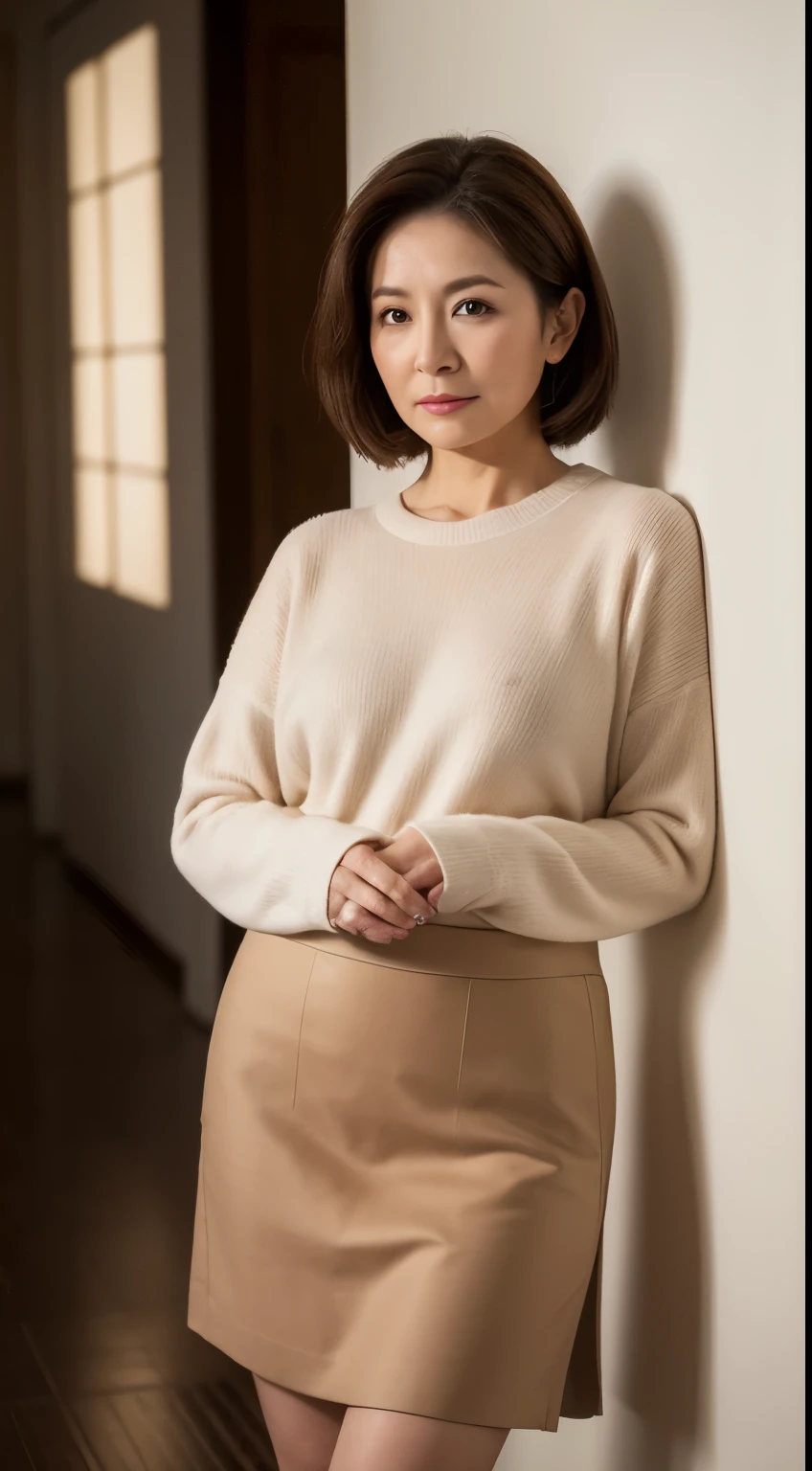 masuter piece, top-quality, masterpiece, hight resolution, Photorealsitic, Raw photography, 8k wallpaper, flawless, profetional lighting, ighly detailed, depth of fields,Pale solid color background, ((Japanese mature woman in her 40s)), chubby figure, Female sexy, Detailed face, beautidful eyes, bangss, large full breasts, Straight light brown hair that reaches to the shoulders, Faint lips, ((Stand facing forward in the center of the screen.、Staring at the viewer, serious face eyes)),Sweaters, skirt by the, foot out of frame, Looking at Viewer,