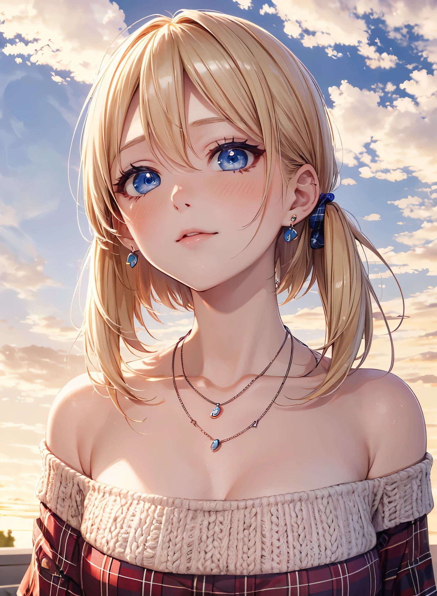 melody marks,absurderes,ultra-detailliert,view straight on,Short hair,Forehead,Blonde hair with short twin tails,Shiny hair and delicate beautiful face,red blush,(deep blue eyes:1.1),hair clips,earrings, a necklace, (plaid knit dress:1.2), Beautiful cloud,Dusk sky,