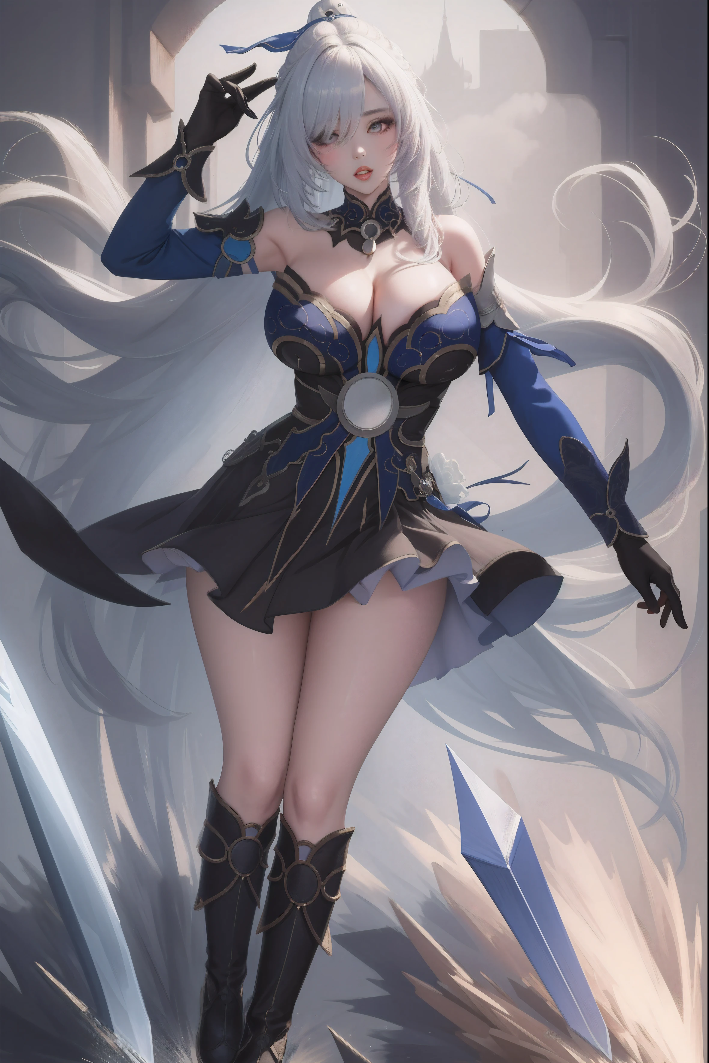 full body portrait ,masterpiece, best quality, 1girl, solo, standing, jingliu, hair ornament, blindfold, dress, cleavage, short skirt,detached sleeves, black gloves, parted lips, gigantic breasts,large,((gigantic_breasts))), random sexy pose, hand hold sword
