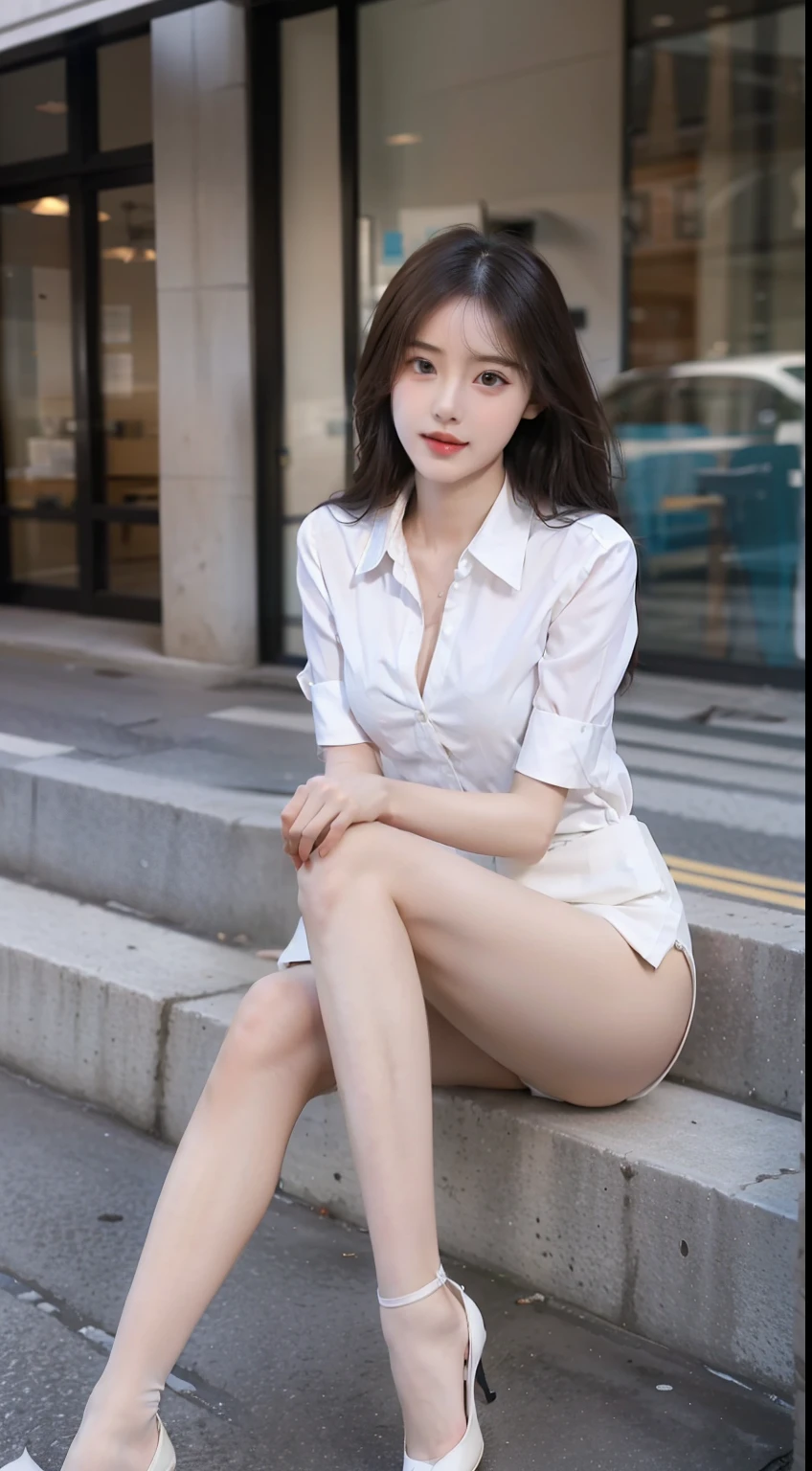 Best quality, Full body like，delicated face，Nice face，25-year-old woman，Slim figure，Smaller bust，office lady uniform，office attire，White stockingterior，Sit Pose，long whitr hair，pair，The kinky is exposed，The vulva is exposed，Pampering，Sitting on the street