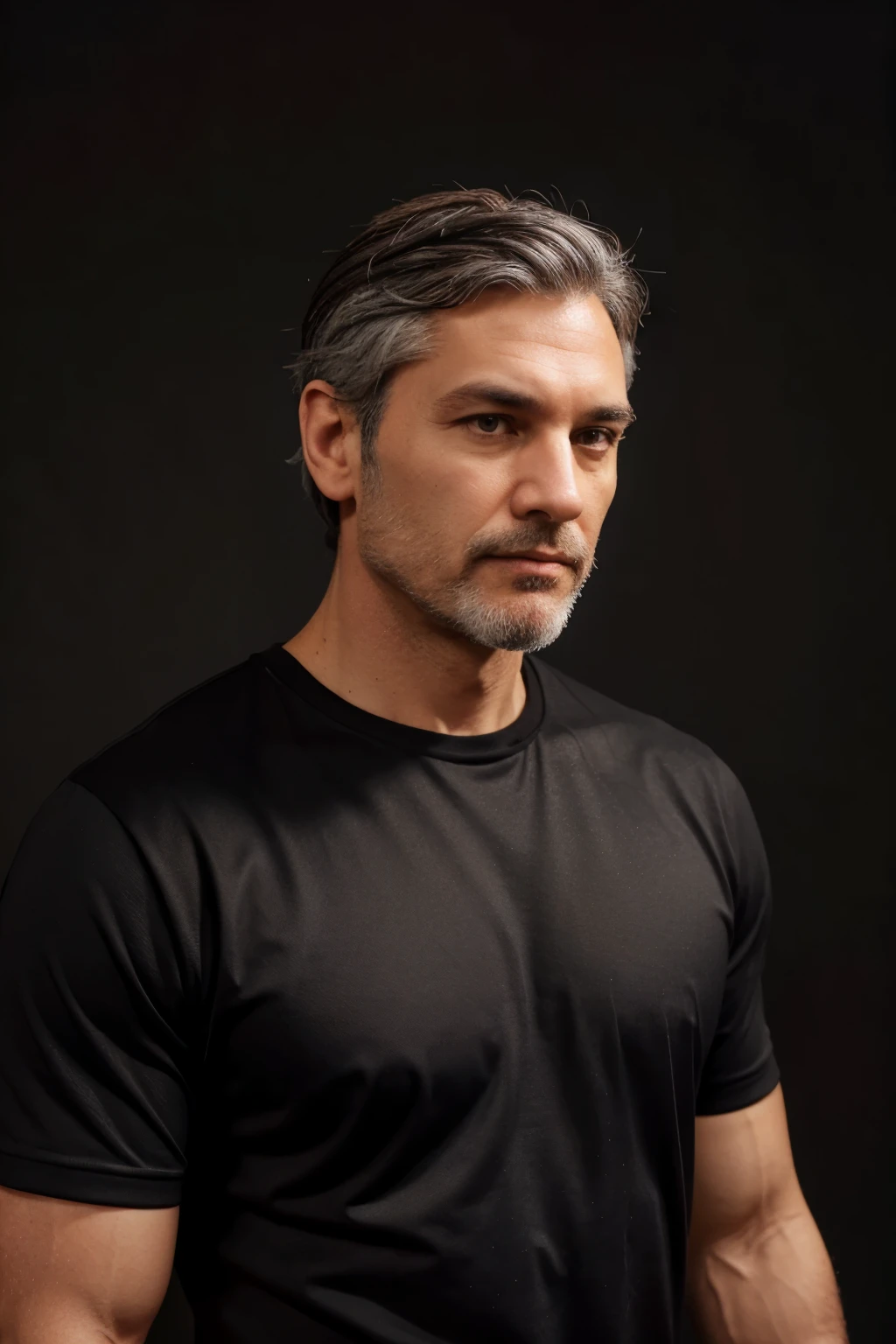 good looking man, neutral black background, black-grey hair and short beard, in very good shape, black shirt, sporty clothes. age 47.