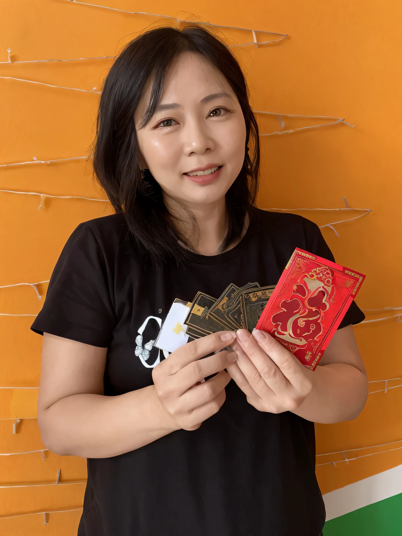 there is a woman holding a card and a pair of scissors, holding origami qilin, joy ang, inspired by Ni Duan, ren heng, inspired by Ina Wong, inspired by Cheng Shifa, wearing a red cheongsam, inspired by Ju Lian, inspired by Fan Kuan, shui mo hua, by Natasha Tan, keng lye