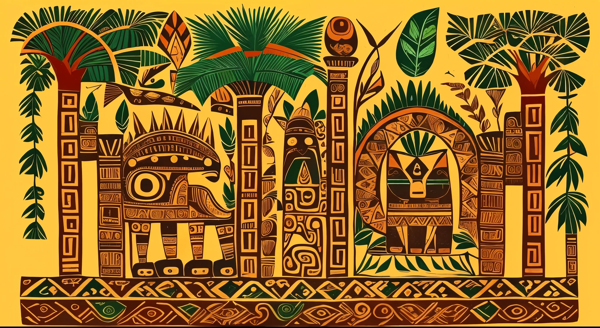 totem, Small animals & natural, a plant, birds, that tree, grassy, 2d, handpainted, old, old Mayan civilization, 2D images, solidcolor, Mayan painting mural, --ar 2:1