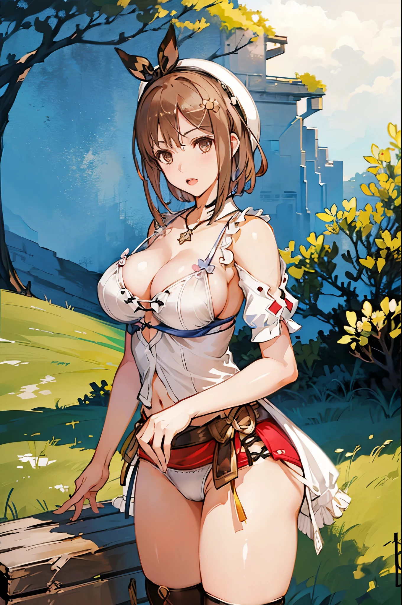 (Best Quality, 4K, 8K, hight resolution, masutepiece:1.2), ((独奏)),Ultra-detailed, (Realistic, Photorealsiticです, Photorealsitic:1.37), Mature Woman,((in woods)),masutepiece, Highest Quality, Ultra-fine,max resolution, Extremely detailed, ((white panties)),thong,cleavage of the breast,Rat trail section,buttock.happily face,Open mouth,Seductive thighs,cowboy shot,thigh-high socks,Take off your hat