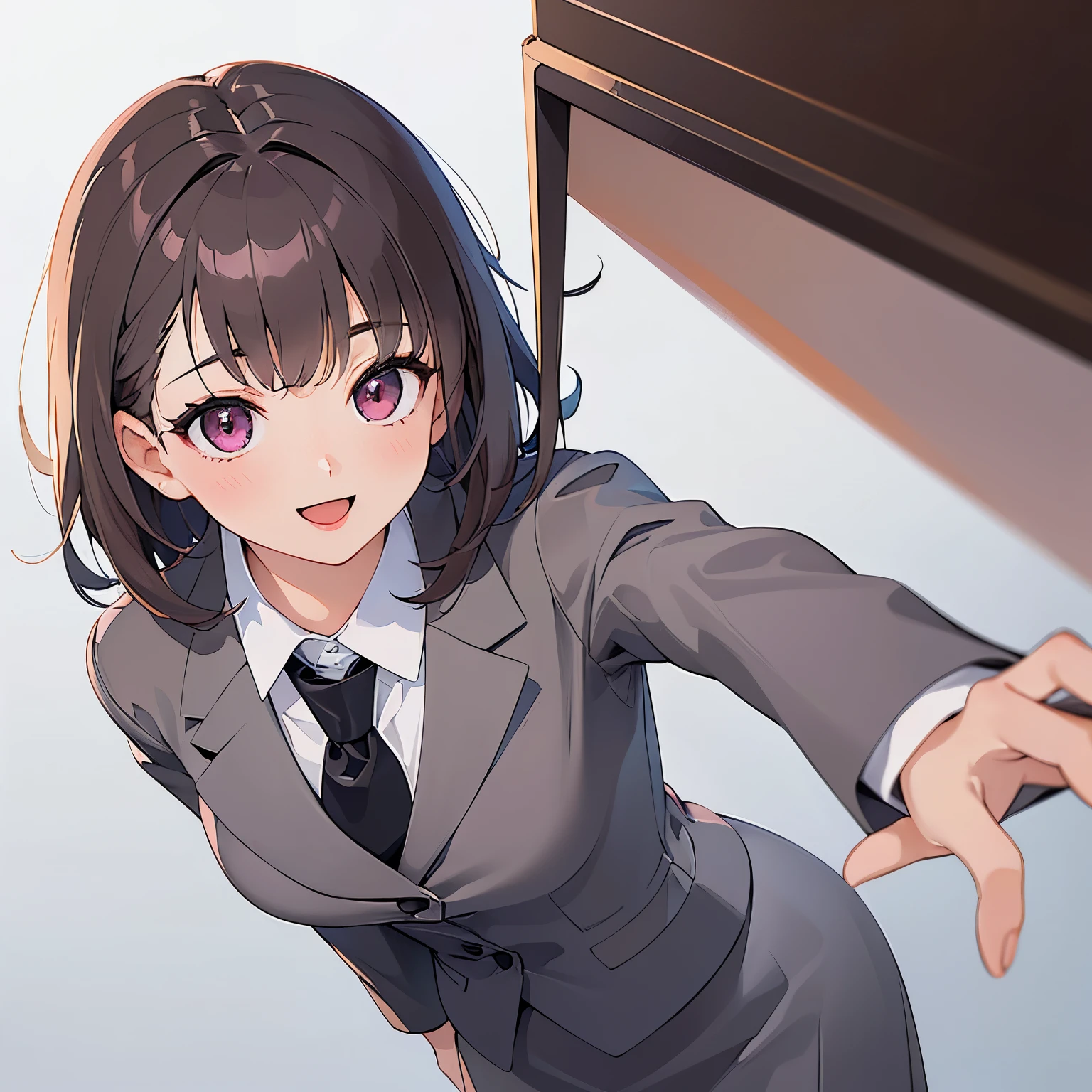 (leaning forward:1.3)、Shooting from above、masterpiece、top-quality、 A 25-year-old woman with medium hair and pink eyes with brown bangs.、(Wearing a gray suit:1.1)、(wearing a gray skirt:1.1)、white shirt、(smile:1.3)、open mouth, (Staring:1.5)、is standing、The background is office、Bold composition、Upper body is shown、Alone、