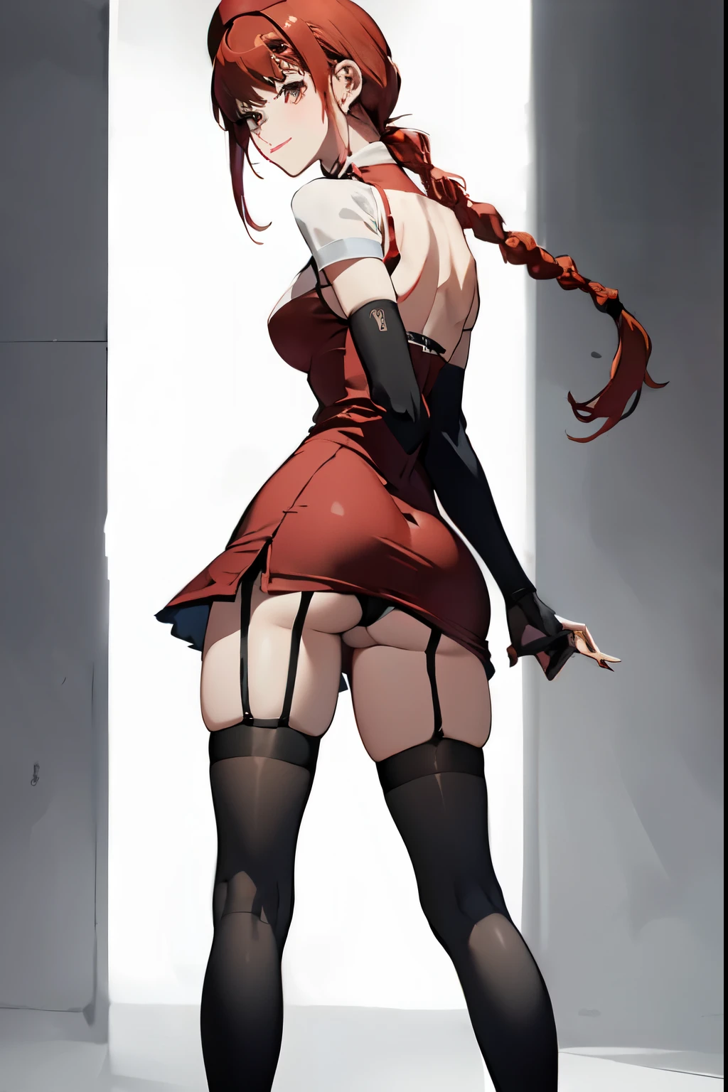 1girl absurdres ano_(gccx8784) ass back bad_id bad_pixiv_id black_footwear black_gloves black_panties black_thighhighs braid brown_eyes chainsaw_man crotch_seam dress elbow_gloves fine_fabric_emphasis finger_gun from_behind garter_straps gloves gradient_background hand_on_own_hip hand_up hat high_heels highres long_hair looking_at_viewer looking_back makima_(chainsaw_man) nurse nurse_cap panties pink_dress red_hair shiny_clothes shiny_legwear shoes short_dress short_sleeves sidelocks single_braid smile solo standing standing_on_one_leg taut_clothes taut_dress thighhighs underwear