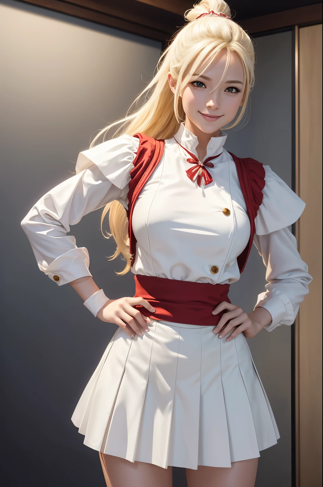 create a female character, she has straight and voluminous blonde hair, her eyes are matte and with the shape stretched and pulled up, she has a serious expression on her face. Her outfit is a white dress with a print of small cherries and a short red cardigan. The background is a Japanese female bedroom. Art with the same features as the Tokyo Revengers anime