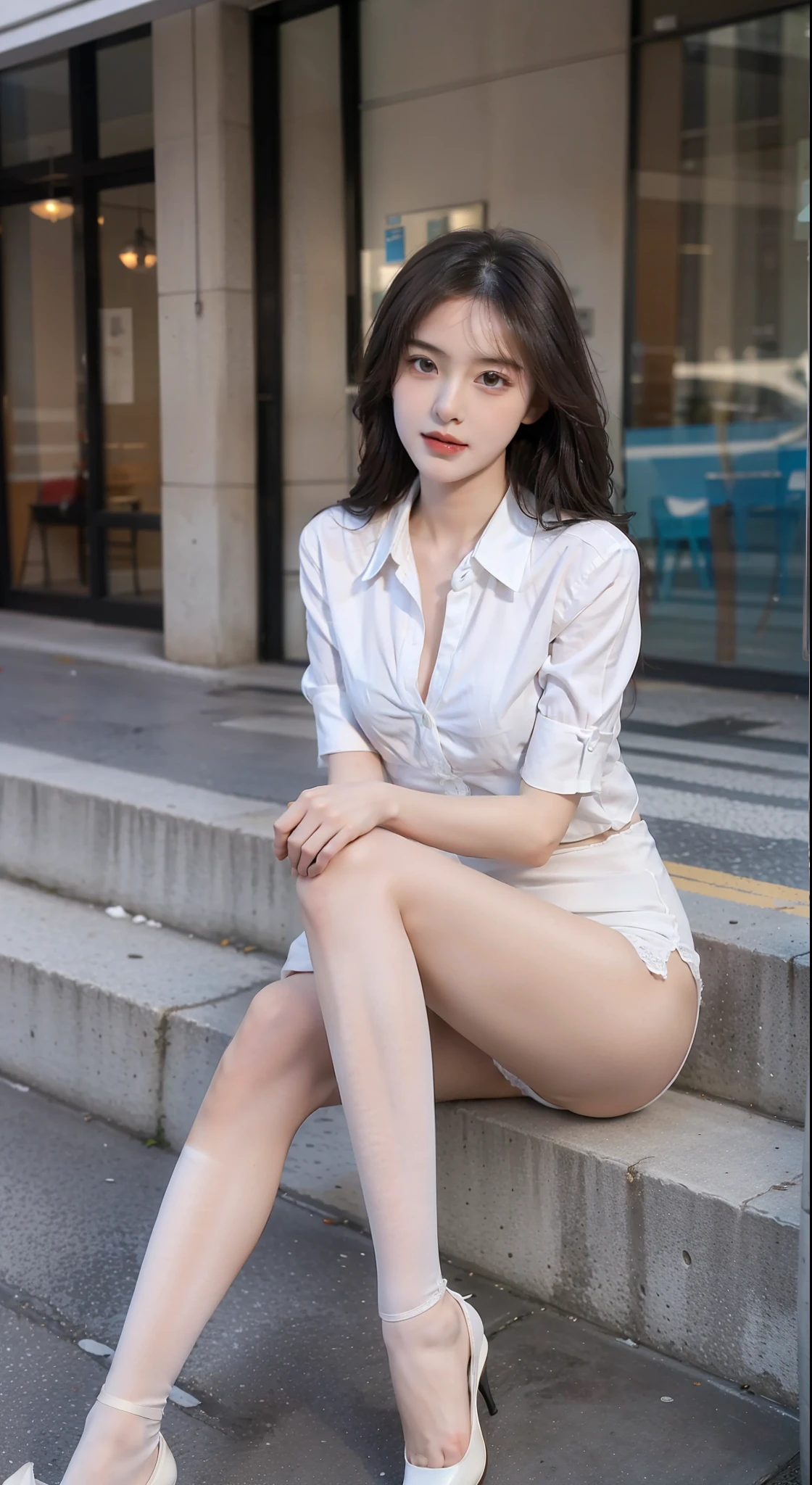 Best quality at best, Full body like,delicated face,Nice face,25-year-old female,slimfigure,Smaller bust,Lace white,White stockings interior,Sit Pose,Long gray hair,couple,Obscenity exposed,vulva exposed,Care,sitting in street,exposing your navel,Show your arms,Shoulders exposed,legs separated