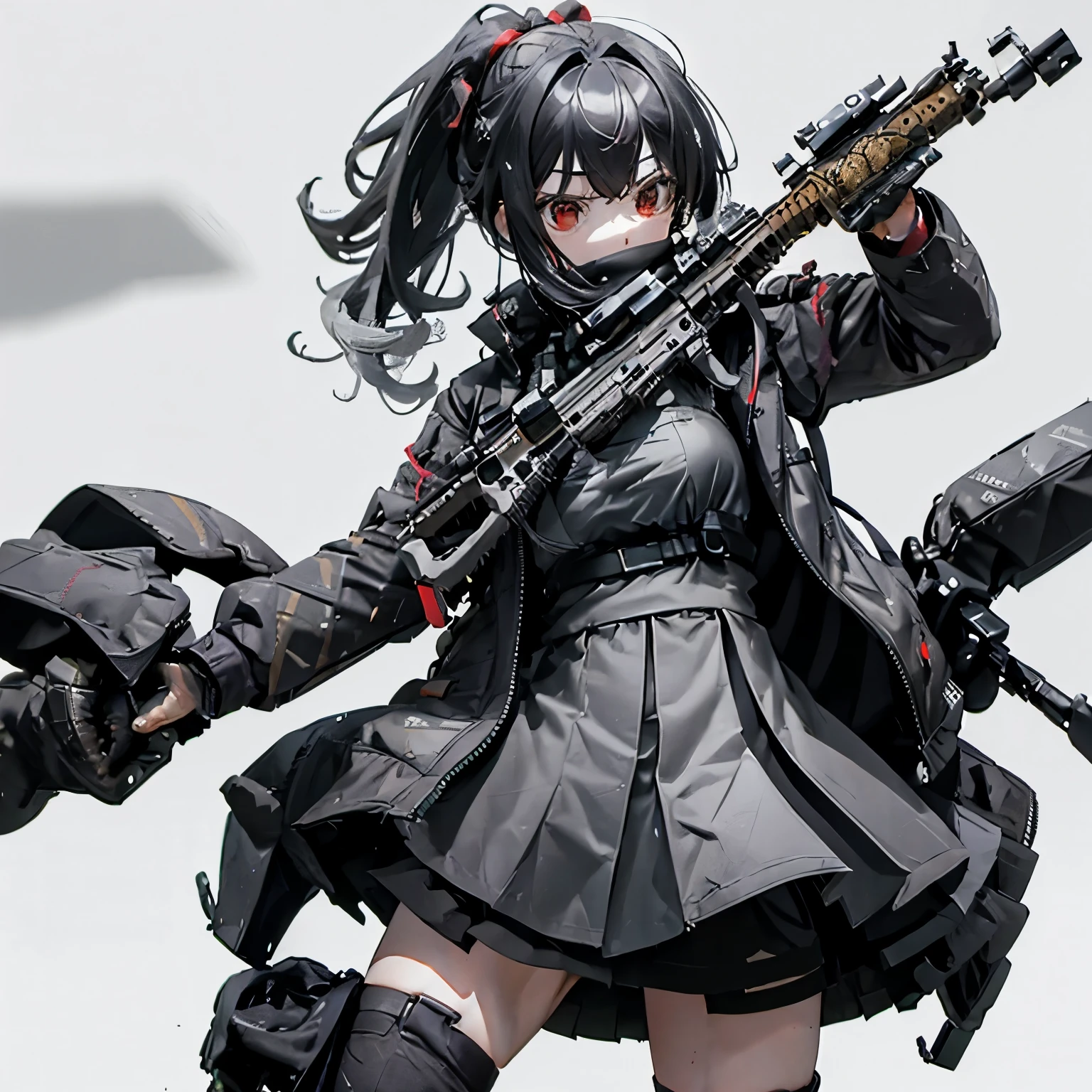 (masutepiece:1.2, Best Quality),  [1 girl, expressioness, oversized red coat, Black hair, Low ponytail, Red Eyes, body harnesses,black military uniform, black skirt, Jacket is taken off, ] (Gray white background:1.5),  (Holding a Weapon, Holding a Rifle, Aiming, Aiming:1.2), gun, H&K HK416, carbine, open fire,