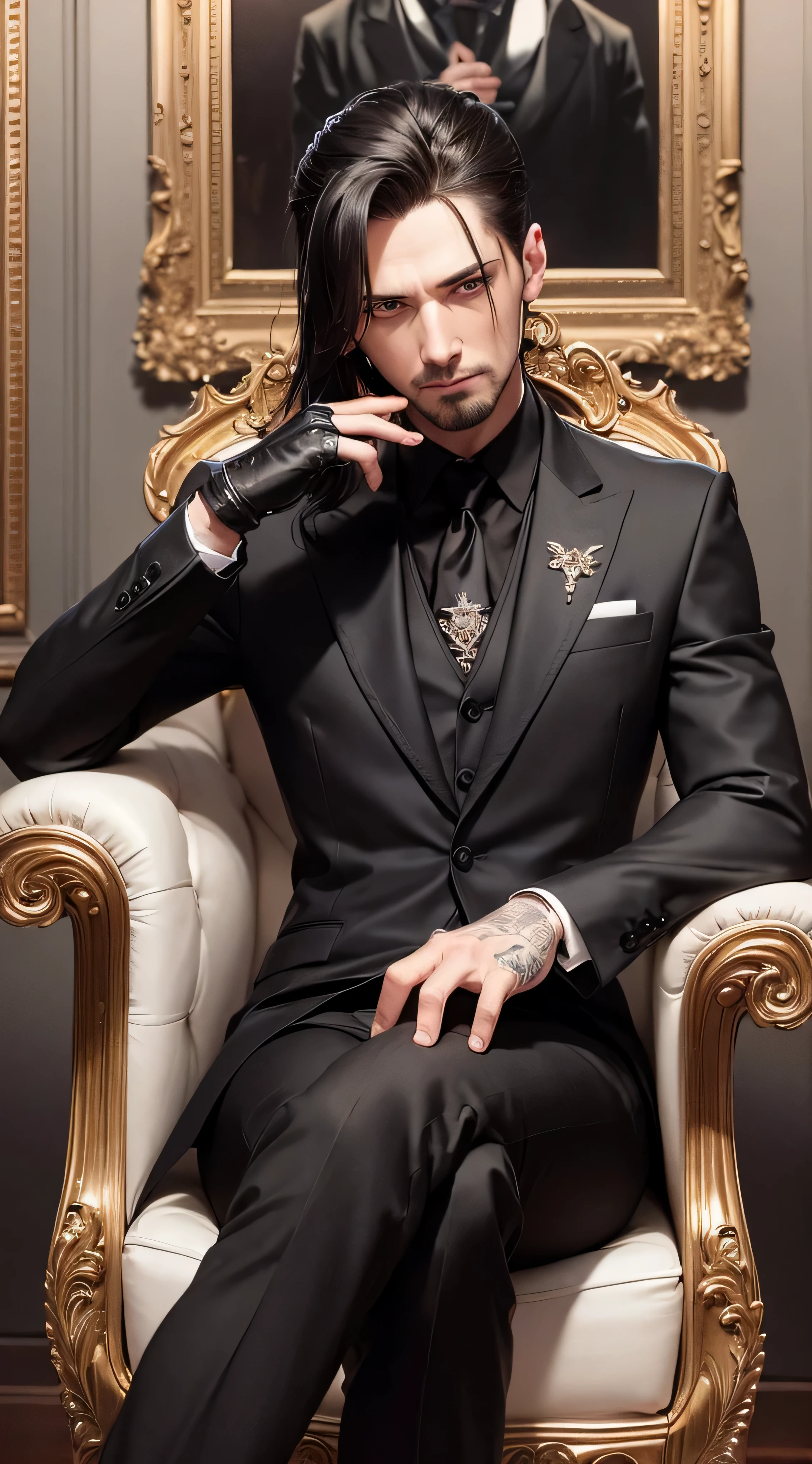 8k, high resolution, masterpiece, illustration, extreme details, male, fully clothed, black suit and tie, black pants, gloves, gray swept back hair, adult, mature, serious expression, red eyes, dynamic pose, sitting on sofa, dramatic, mansion, mafia, paintings, darkness