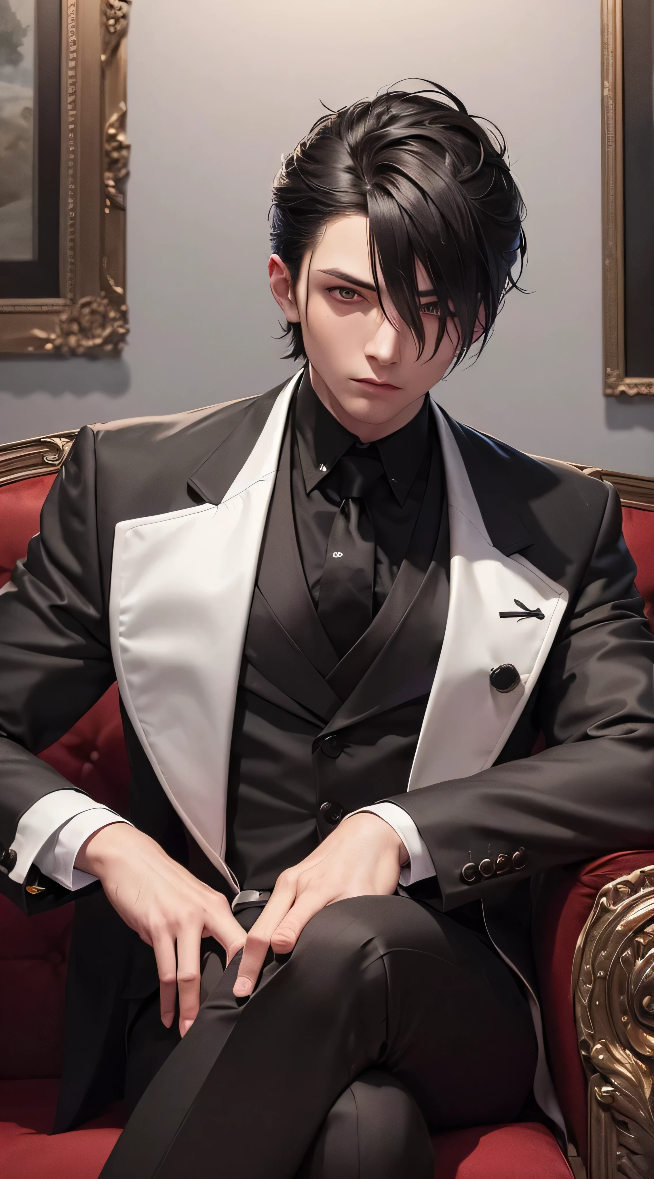 8k, high resolution, masterpiece, illustration, extreme details, male, fully clothed, black suit and tie, black pants, gloves, gray swept back hair, adult, mature, serious expression, red eyes, dynamic pose, sitting on sofa, dramatic, mansion, mafia, paintings, darkness