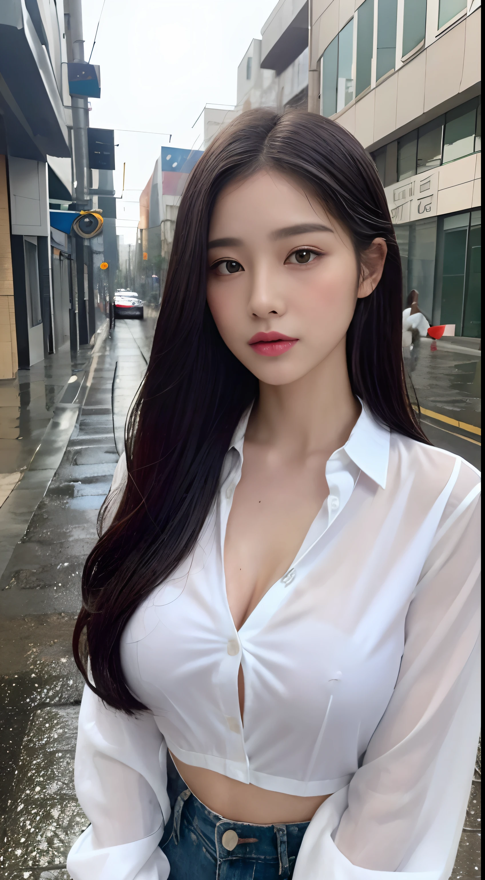 ((top-quality、8K、masterpiece:1.3))、tack sharp focus:1.2、Beautiful woman with perfect figure:1.4、Slim belly:1.2、((Long hairs、Colossal tits:1.2))、(Not wearing a bra) (Small but beautiful hard nipples) (thin, Damp buttons grow to shirt length:1.1)、(白衬衫被Sateen淋湿)、(Sateen、a street:1.2)、Get wet:1.1、Highly Detailed Face and Skin Textur、 詳細な目、二重まぶた、The skin is tanned、an sexy、Sunburn