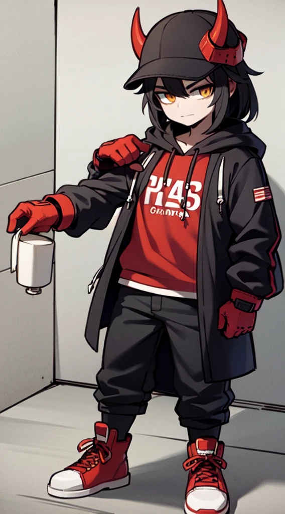 Male, wear full skull mask, curve horn, yellow bucket hat, red mix black hoodie, black Jean, white shoe, black hair, HD, 4k, high detail,