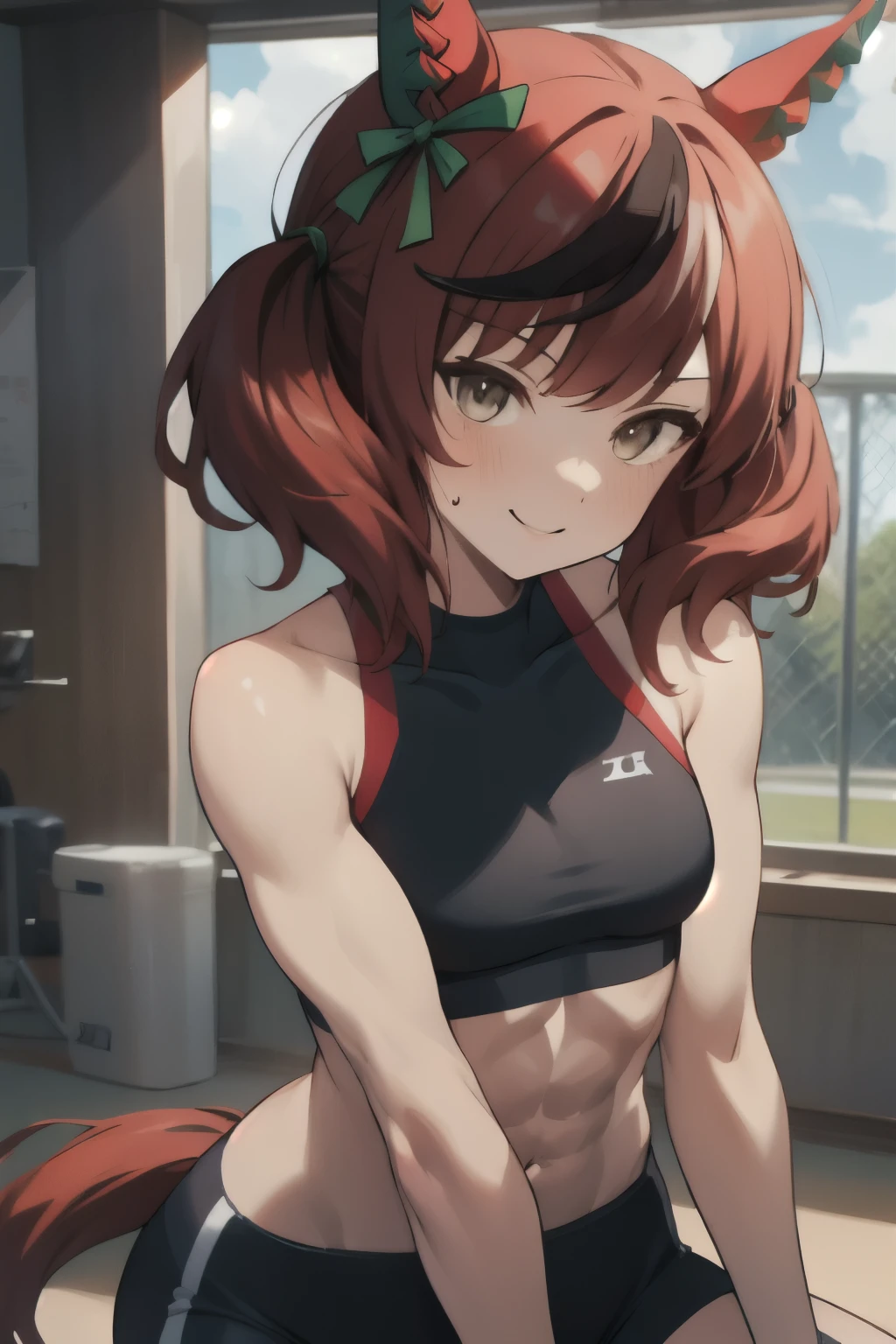 nice nature\(umamusume\), ((ultra-detailed face)), symmetrical face, beautiful face, masterpiece, best quality, abs, slender, muscular, rikujou, horse tail, smile, athletics track, sports bra, hand between legs