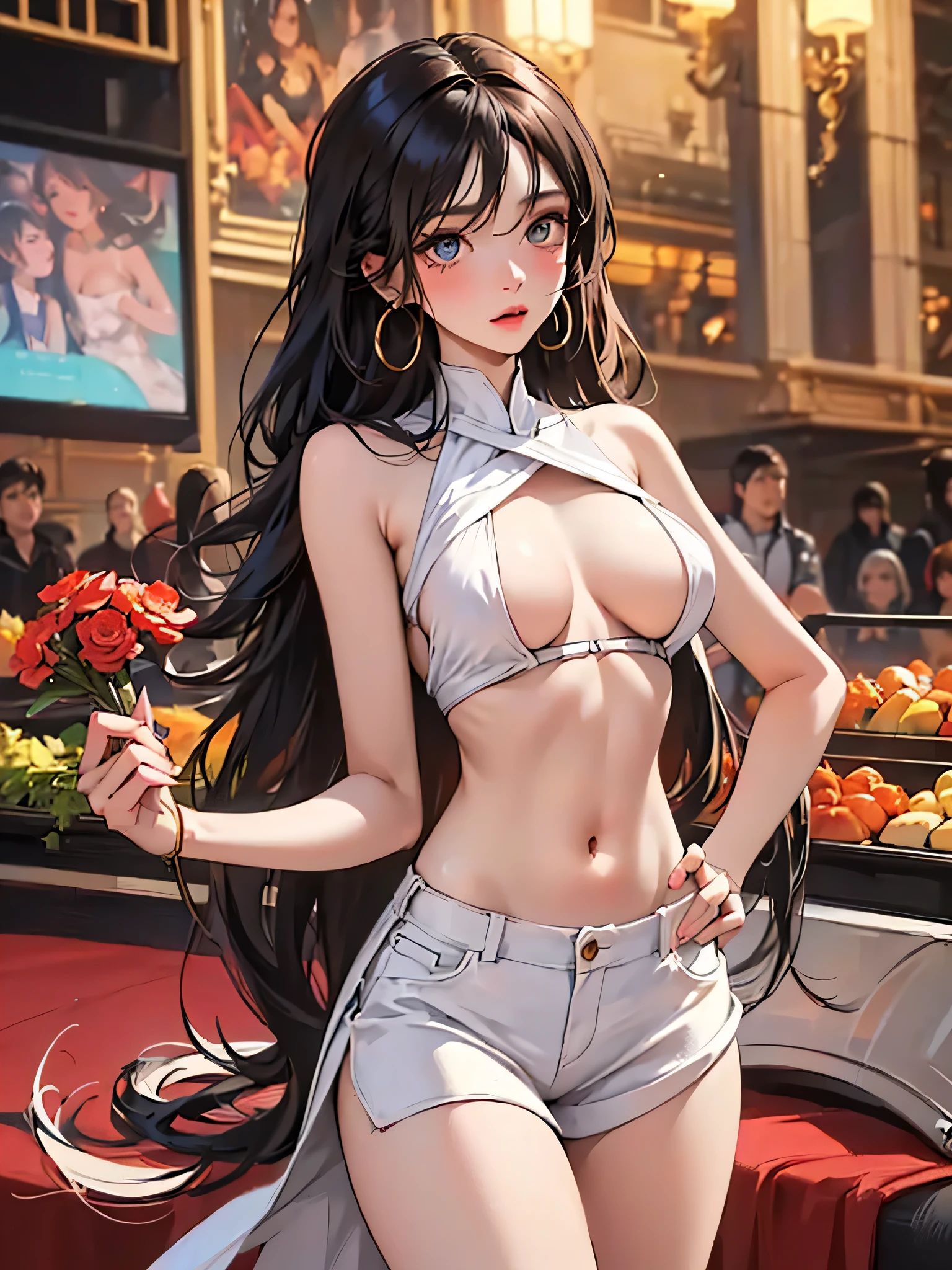1girl,a beautiful fashion model ,(masterpiece, official art, best quality) (perfect eyes) ,long and shiny black hair, , hair strand between eyes, full lips, upturned nose medium boobs, , elegant makeup, exhibitionism, naked in public, , slim thighs, toned body, shiny skin, sexy pose,,(( (slender, skinny, slim))), gold hoop earrings, pink eyeshadow, cute face, (((girl with man))) embarassed, coy, surprised, blush, glittery skin, girl dancing on stage, skinny thighs, narrow hips, skirt lift