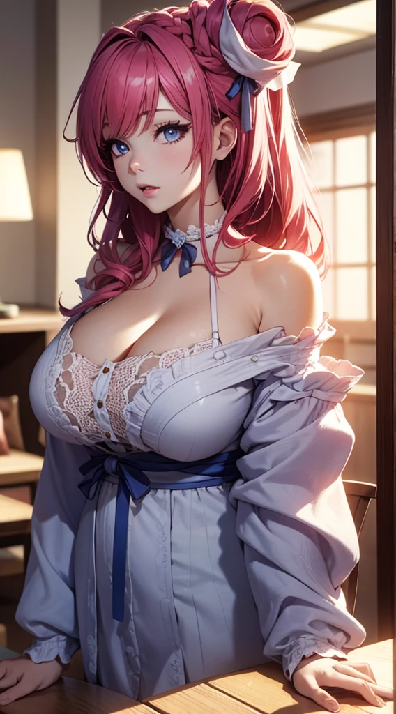 8K、quality、On a table、super high image quality、ultra - detailed、super beautiful、Ultra-realistic hair textures、anime illustration、Surreal sensibility、Whole body ESBIAN、mesmerizing looks、shave 、Off-the-shoulder blue yukata、Beutiful women、orange long hair、pony tails、eBlue eyes、Glowing and radiant skin、Very huge、Red lace breasts are super big、Glowing and radiant skin 、Clean skin、Japanese style room with daytime background,Big breasted 1.5,
