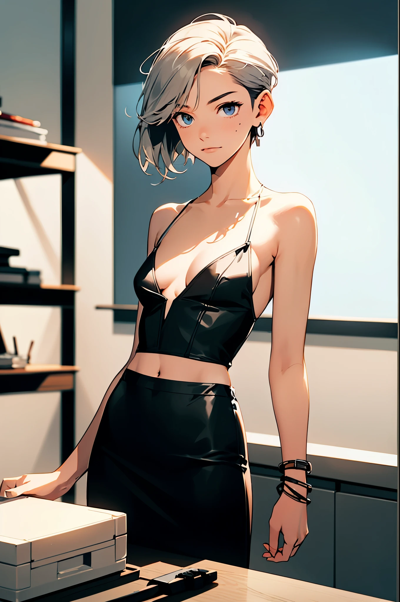 masterpiece, best quality,2girl,young girl, slate_blue eyes, medium blonde, buzz cut,joyful _face,shiny skin,flat chest,, Micro_skirt_white_bodysuit, black_micro_skirt, nude_strappy_sandals, silver_cuff_bracelet, black_leather_clutch, , craft_workshop, looking at viewer,from front,upper body