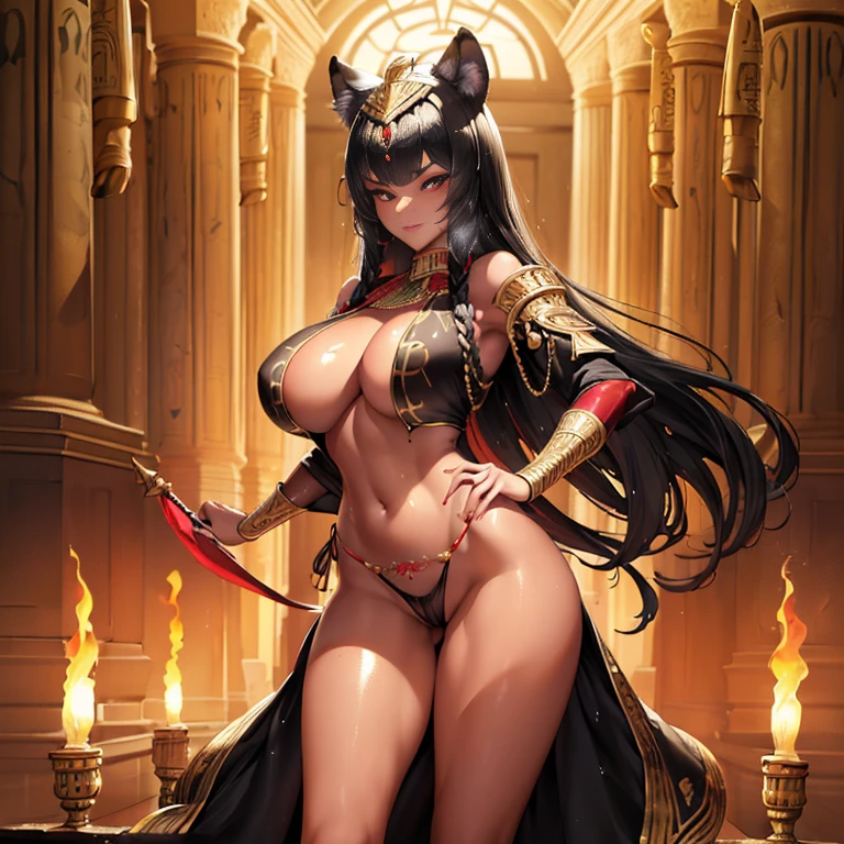 queen panther girl from ancient Egypt, (((panther woman,anthro furry cute,panther female warrior,panther-girl))),(((tail,panther tail,panther ears,thin panther tail,panther ears on head,big panther ears))),(large breasts:1.4,saggy breasts),((black hair:1.4,straight hair,long hair:1.4,colored inner hair)),(((red_eyes:1.3))),intricate eyes,beautiful detailed eyes,symmetrical eyes,((((lustrous skin:1.5,tanned skin,bright skin: 1.5,skin tanned,shiny skin,very shiny skin,shiny body)))),(spider lower abdomen,narrow waist,wide hip,athletic body,inflated legs),(((detailed face))),beautiful detailed lips, slutty,sensual,seductive look,seductive,((erotic)),opulent,(((nsfw))), (((huge cleavage))),revealing clothes,show skin,((underboob)),(barefoot,),Egyptian adornments,(((red veil))),desert warrior with little clothing,((tiny loincloth)),Egyptian tattoo,arms covered in Egyptian adornments,shoulder pad,(((nemes with that of the sphinx))),include hieroglyphics in clothing,((clothing in red and black and white colors)),((Egyptian designs on the arms)),(((Transparent cloth:1.1,wet clothes,intricate outfit,embroidered outfit,ornate outfit,intricate clothes,embroidered clothes,ornate clothes))), dynamic pose,looking at viewer,(smirk,beautiful smile),centered,scale to fit dimensions,Rule of thirds, inside a cavern,pillars,((pillars background,egyptian palace background)),scenery,extremely scenery,(torches,torches in the background),Egypt castle,(sunset, golden hour), (Glossy Egyptian ornaments),(top-quality,8K,32K,masterpiece),high resolution,(Photorealistic:1.4),Ray tracing,Sun glare,depth of fields,By backlight effect,Add depth to your screen,(((vibrant colors,vibrant theme))),(intricate),(high contrast,photorealistic artwork:1.37),(best quality,4k,highres,masterpiece:1.2),ultra-detailed,(realistic,photorealistic,photo-realistic:1.37),professional,