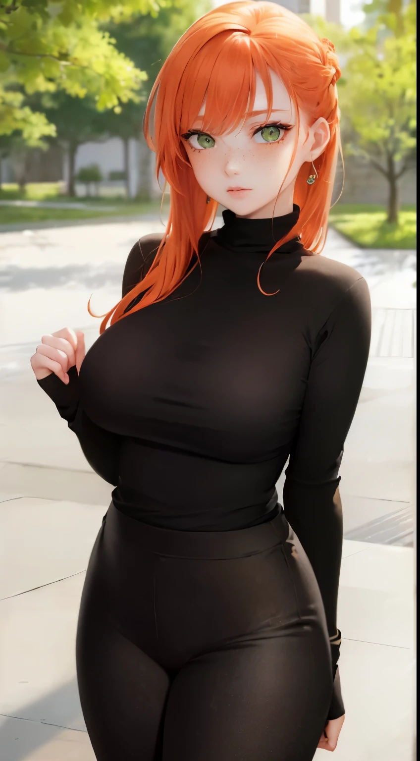 masterpiece, best quality, ultra-detailed, beautiful lighting, 1girl, orange hair, green eyes, freckles, turtleneck, looking at viewer, black leggins