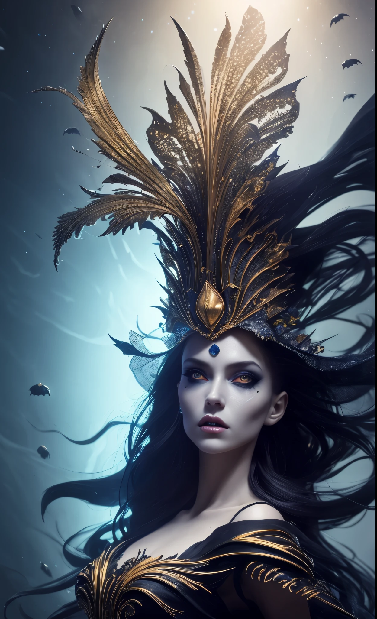 awesome cover halloween theme witch .beautiful hyperealist portrait PIC susana gimenez style,dramatic caravaggio lighting, underwater , houte couture dress and headdress mix pojatti and philip treacy with in the atlantic ocean , ultra detailed artistic photography, sci-fi, tech wear, direct gaze, depth of field, elegant, highly detailed, digital painting, concept art, smooth, sharp focus, illustration,midnight aura, night sky, dreamy, backlit, glamour, glimmer, shadow, ultra high definition, 12k, unreal engine 5, ultra sharp focus, artgerm, loish, intricate artwork masterpiece, ominous, matte painting movie poster, golden ratio, trending on cgsociety, intricate, epic, production cinematic character render, ultra high quality model3d flowers