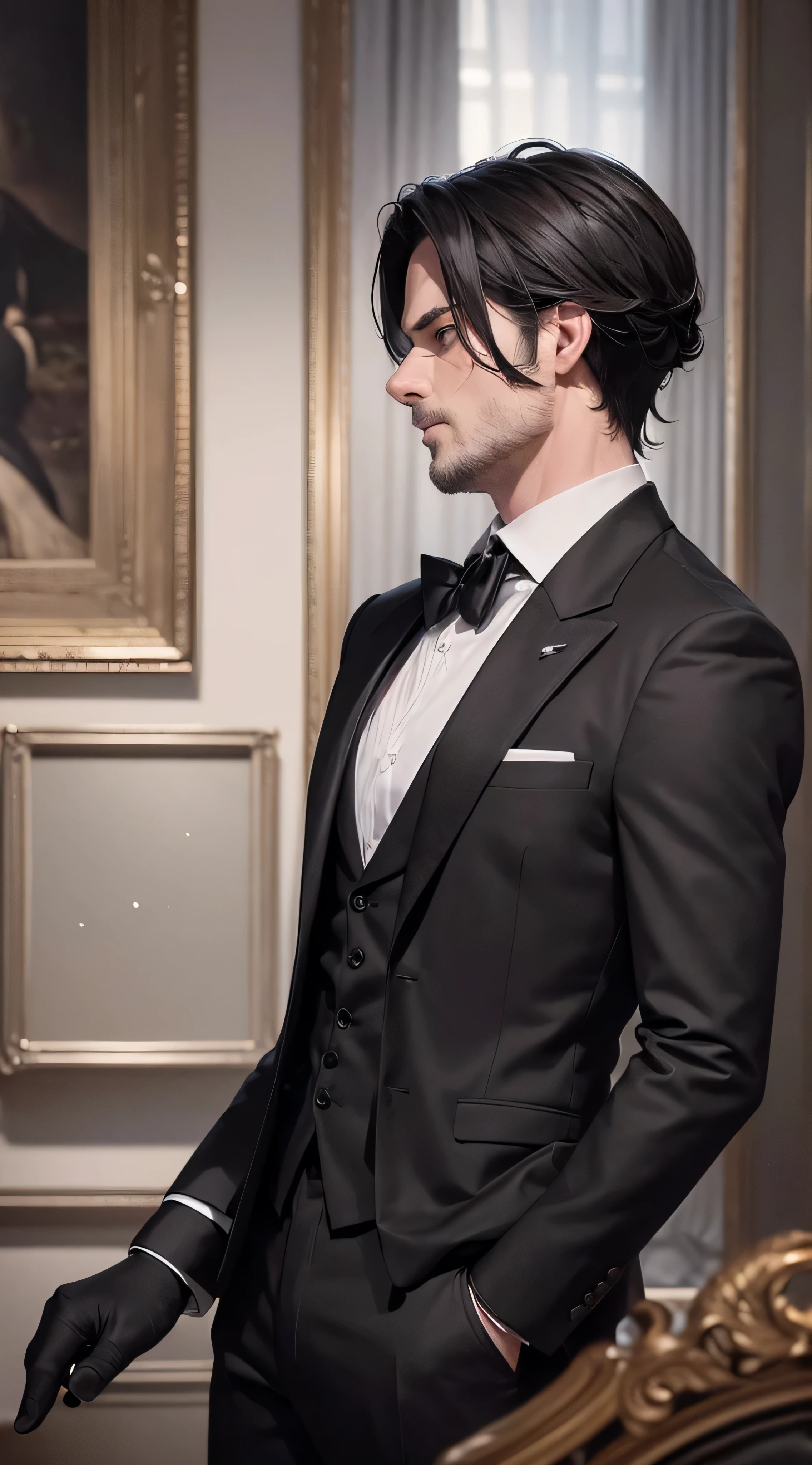 8k, high resolution, masterpiece, illustration, extreme details, male, fully clothed, black suit and tie, black pants, gloves, gray swept back hair, adult, mature, serious expression, red eyes, dynamic pose, dramatic, mansion, mafia, paintings, darkness