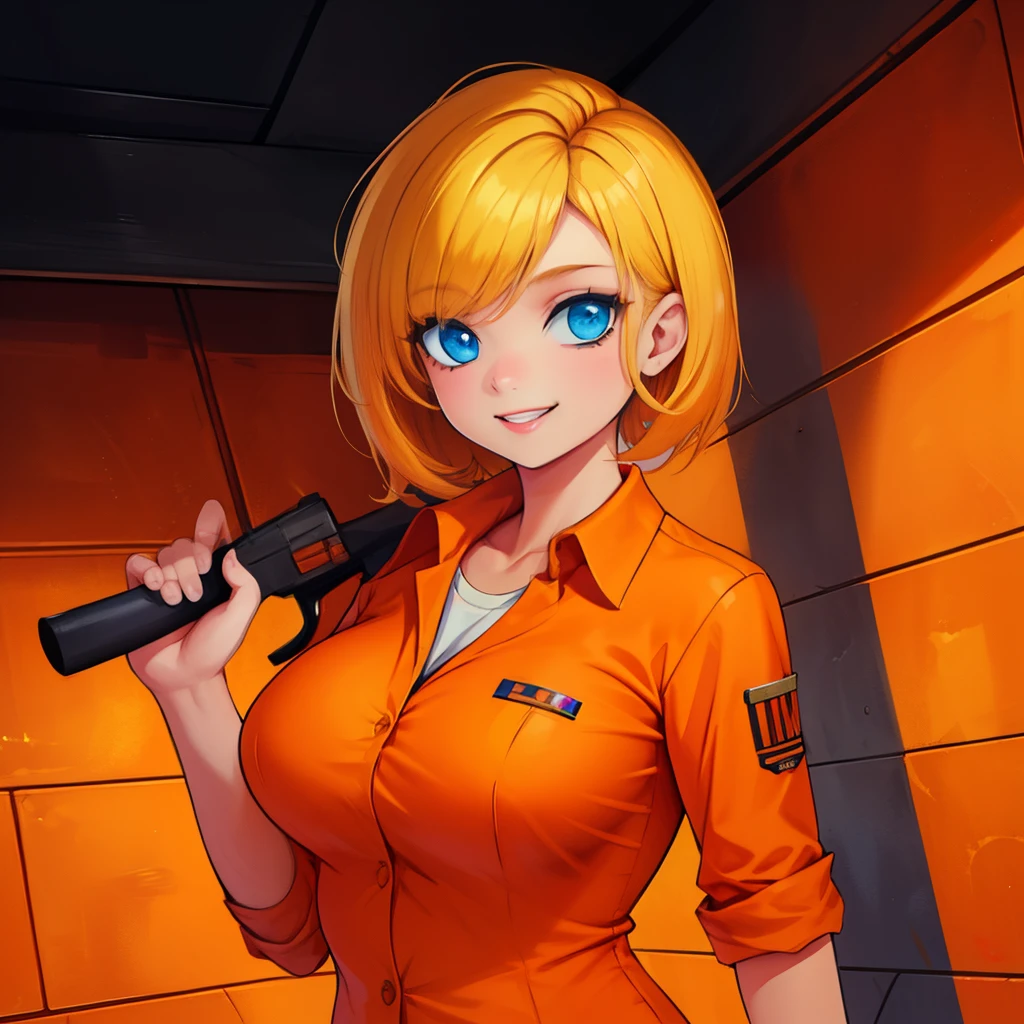 TheConvict, solo, smile, masterpiece, 1girl, gun detail, orange prisoner shirt, collared shirt, bright lighting, big breasts