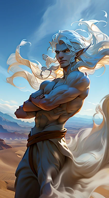 witcher, Disney, masterpiece, expressive eyes, perfect face, 
1boy, handsome man, 20 years old, air elemental, floating hair, white eyes, long hair, male focus, pointy elf ears, white hair, nude, stripped naked,
cowboy shot, dynamic pose, flying,
detailed background, fantasy desert, magic, clear sky, daylight, blowing wind,