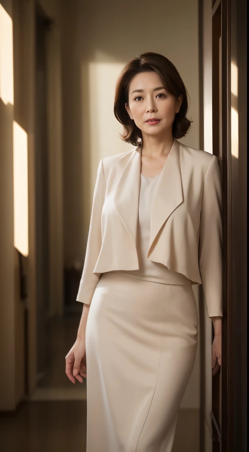 masuter piece, top-quality, masterpiece, hight resolution, Photorealsitic, Raw photography, 8k wallpaper, flawless, profetional lighting, ighly detailed, depth of fields,Pale solid color background, ((Japanese mature woman in her 40s)), chubby figure, Female sexy, Detailed face, beautidful eyes, bangss, large full breasts, Straight light brown hair that reaches to the shoulders, Faint lips, ((Stand facing forward in the center of the screen.、Staring at the viewer, serious face eyes.)),Business Wear, foot out of frame, Looking at Viewer,