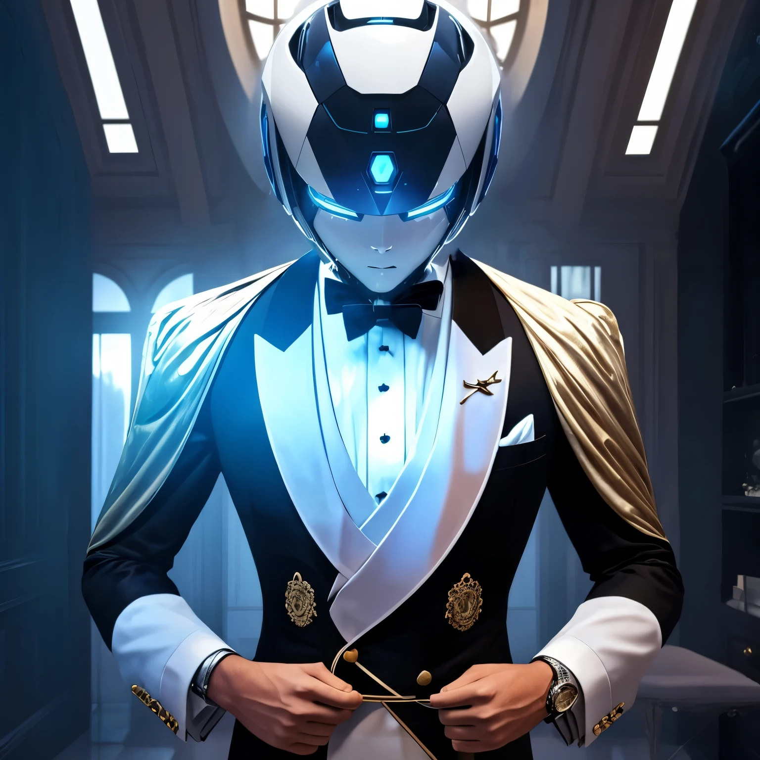 butler costume, background entrance room of a luxurious mansion