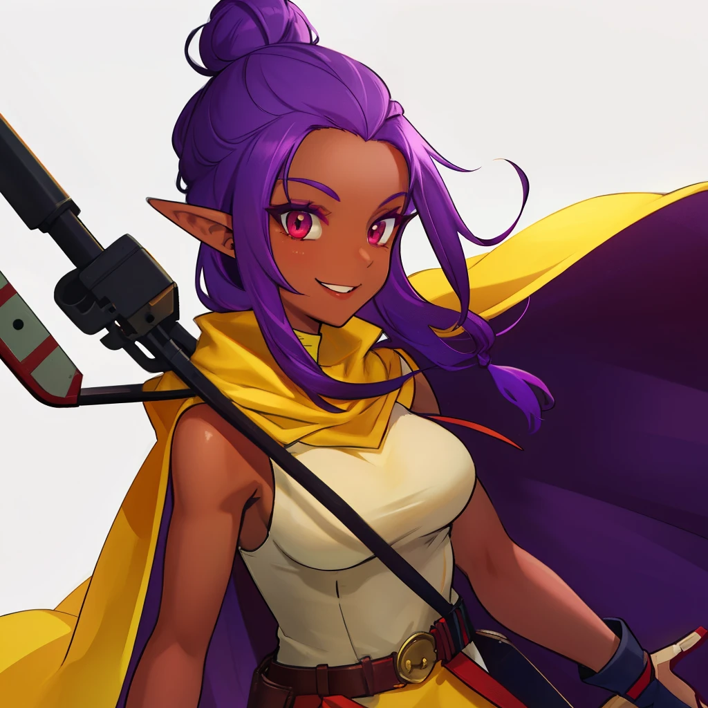 TheHunter,purple hair,solo,long hair,red eyes,medium breasts,pointy ears,hair bun,  dark skin,
Hgear, dress,belt,yellow cape,sleeveless,boots, red leggings, short white dress, cleavage, holding a pistol crossbow, close up shot, dungeon background, smiling