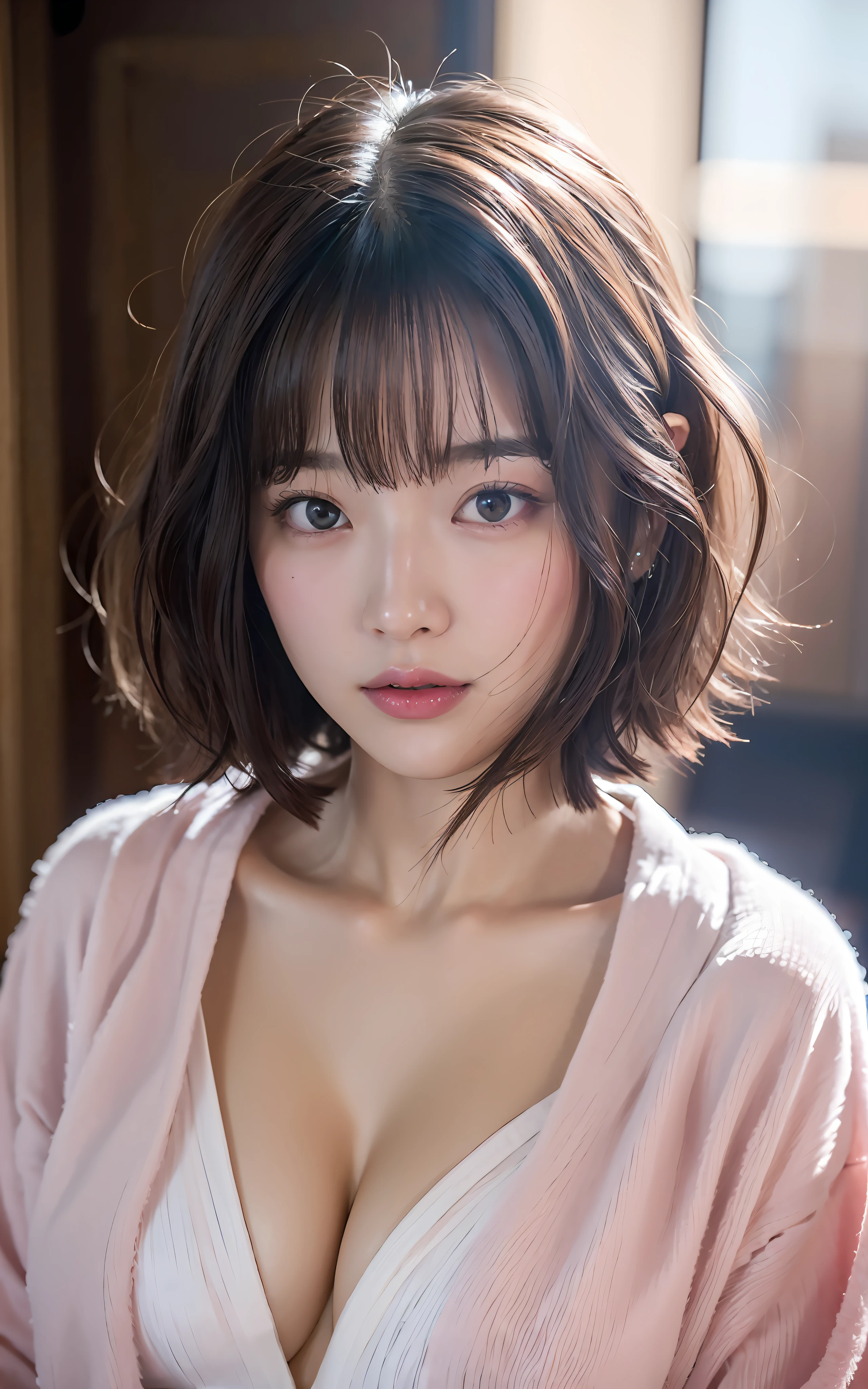 extremely detaild的 CG unified 8k wallpapers, Best quality at best, ultra - detailed, tmasterpiece, actual, photo actual, Very detailed cute girl, 25 age old, Be red in the face, Open your lips, Round eyes, bathrobe, looking at viewert , Semi-body shot , sobu ,Bob Che,
