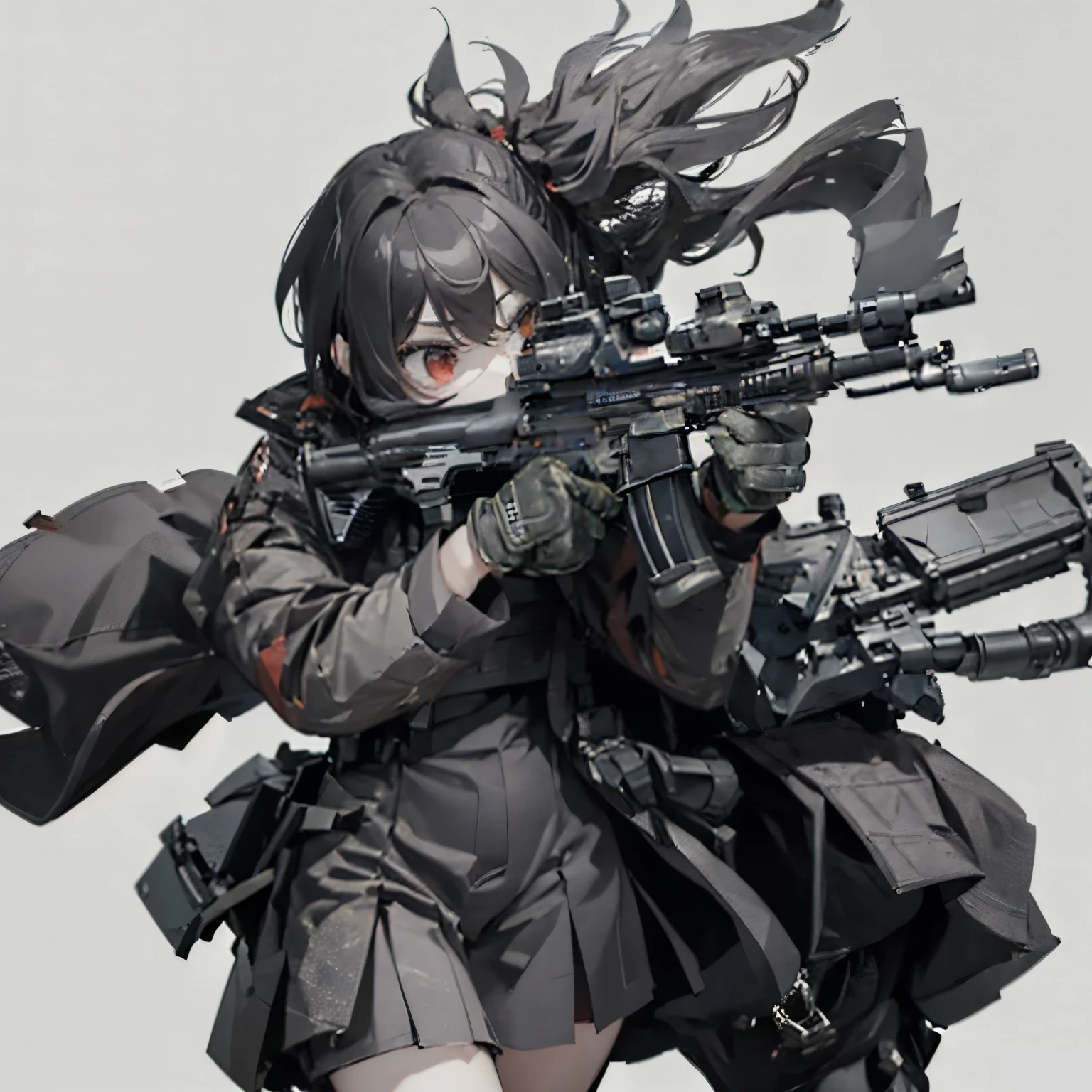 (masutepiece:1.2, Best Quality),  [1 girl, expressioness, oversized red coat, Black hair, Low ponytail, Red Eyes, body harnesses,black military uniform, black skirt, Jacket is taken off, ] (Gray white background:1.5),  (Holding a Weapon, Holding a Rifle, Aiming, Aiming:1.2), gun, H&K HK416, carbine, open fire,