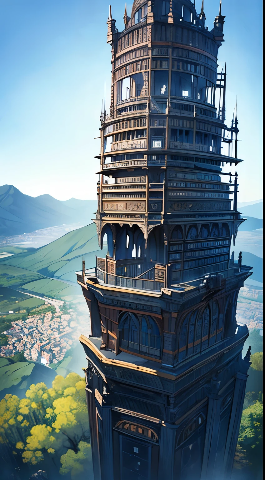 (tmasterpiece,HighestQuali,detailed),The collapsed tower,Tower on the mountain,salama,火焰,Two people jumped from the toweraway view,in a panoramic view