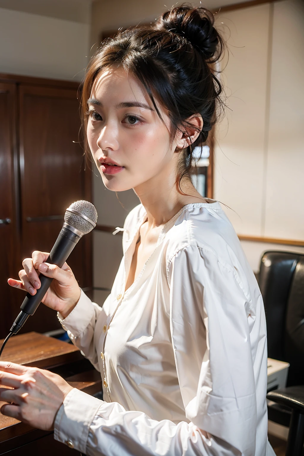 ((Best quality at best)), ((tmasterpiece)), (detailed), The background is in the conference room，natural classic face，A man is talking with a microphone in his hand，A person is recording the work next to him，long sleeve work uniform，Hair tied up，中景 the scene is