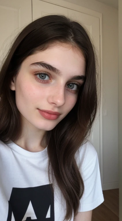 ((Front facing camera selfie)), 18 yo girl named Zahra Amiri, straight nose, (prominent nose bridge), (female face golden ratios:1.15), long dense dark brown hair, (pale skin:1.25), (hazel eyes), thin eyebrows, high cheekbones, beautiful plump lips, big natural breasts, wearing tshirt, apartment background, smirk