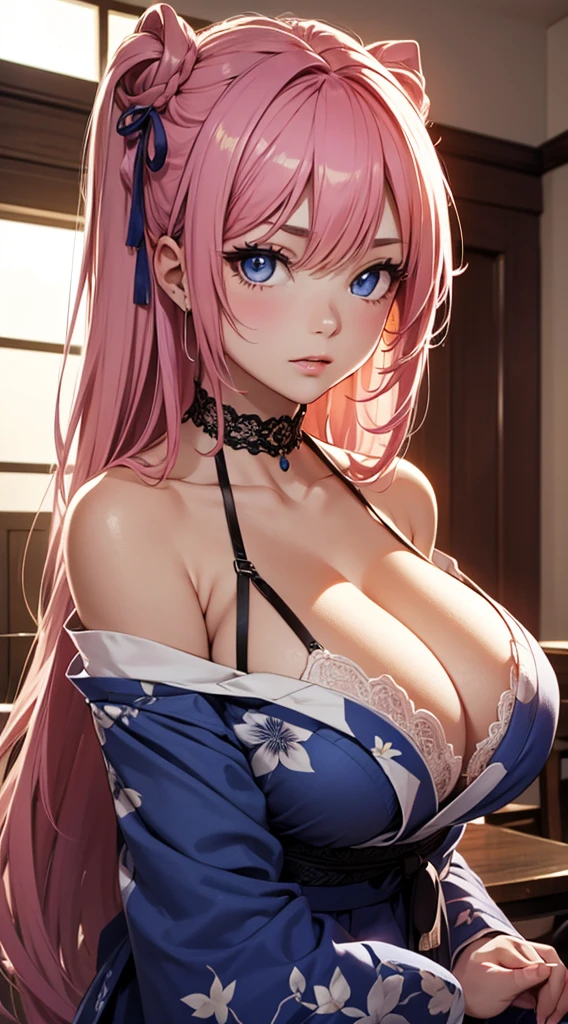 8K、quality、On a table、super high image quality、ultra - detailed、super beautiful、Ultra-realistic hair textures、anime illustration、Surreal sensibility、Whole body ESBIAN、mesmerizing looks、shave 、Off-the-shoulder blue yukata、Beutiful women、long yellow hair、pony tails、eBlue eyes、Glowing and radiant skin、Very huge、Red lace breasts are super big、Glowing and radiant skin 、Clean skin、Japanese style room with daytime background,Big breasted 1.5,