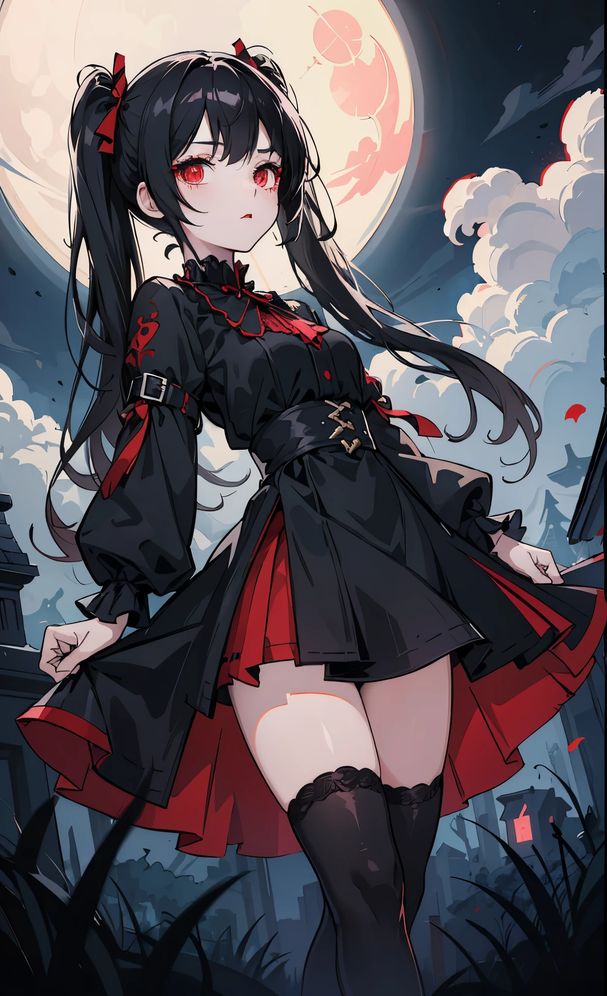 black hair red eyes illustration shader beautiful woman goth  twin tails moonlit night