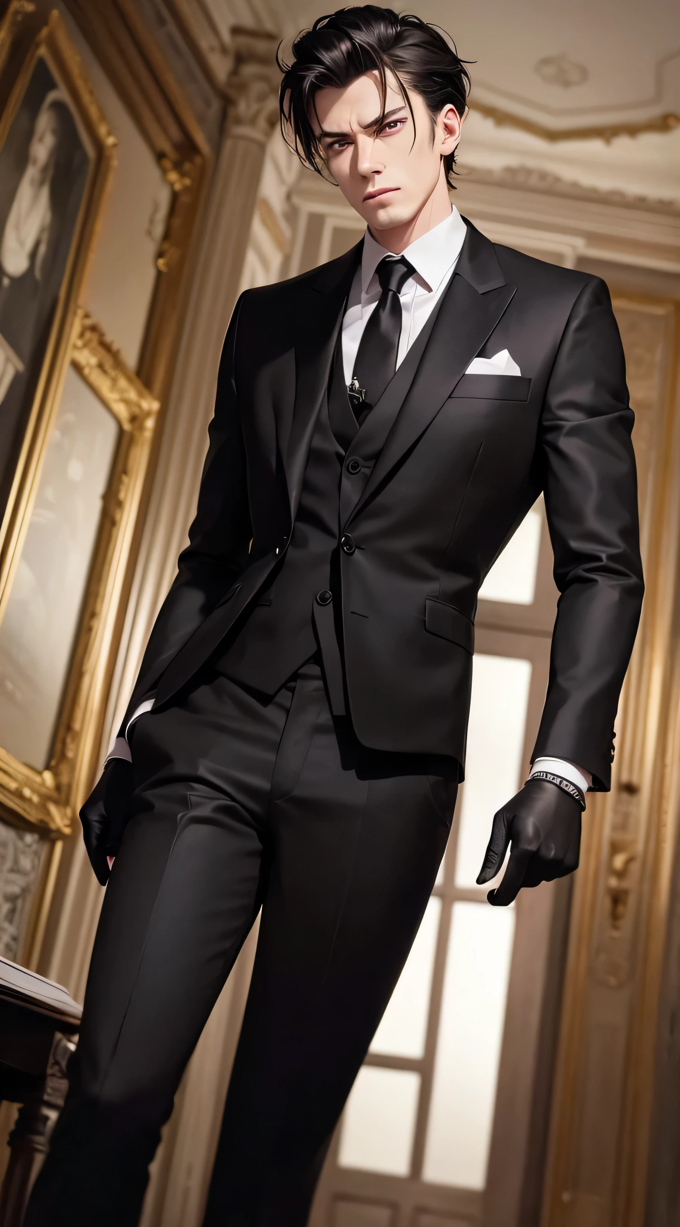 8k, high resolution, masterpiece, illustration, extreme details, male, fully clothed, black suit and tie, black pants, gloves, gray swept back hair, adult, mature, serious expression, red eyes, dynamic pose, dramatic, mansion, mafia, paintings, darkness