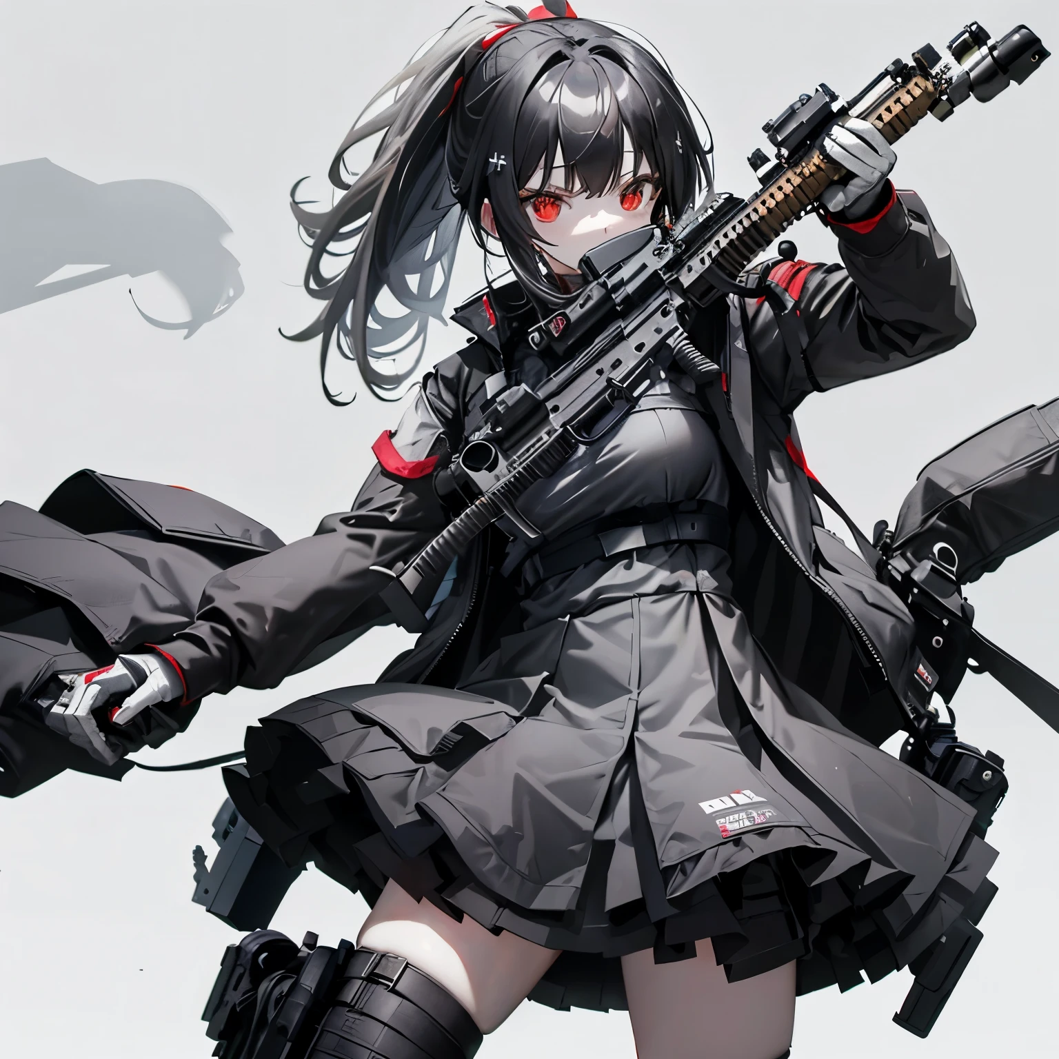 (masutepiece:1.2, Best Quality),  [1 girl, expressioness, oversized red coat, Black hair, Low ponytail, Red Eyes, body harnesses,black military uniform, black tights ] (Gray white background:1.5),  (Holding a Weapon, Holding a Rifle, Aiming, Aiming:1.2), gun, H&K HK416, carbine, open fire,