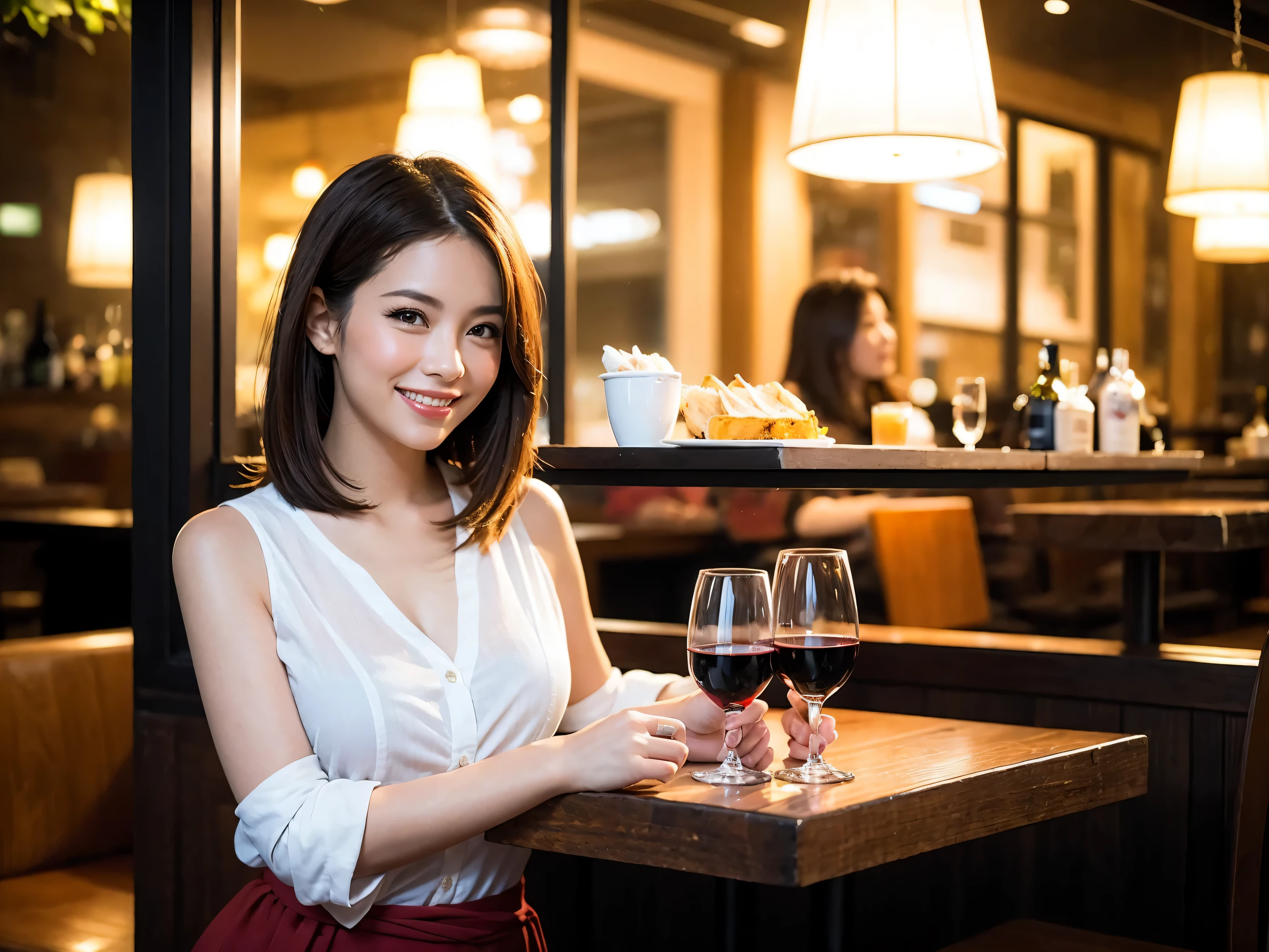 (64k uhd, nffsw, of the highest quality, masutepiece: 1.2), (Realistic, Photorealistic: 1.37), Pretty Woman 1, (Slim Face), (slimボティ), (Brown hair), (short-cut), Americana、Frenchman、cheeks blush a little, (40 years old), 38 years, Solo, A beautiful and detailed night view spreads out outside the window.........., restaurant, wine glassesに座って, At night, In a prominent place (from waist up) NovaFrogStyle, actress, Model, waist-up, white wine, slim, wine glasses, Super clean night view, 真ん中に置かれたwine glasses, Happy smile, (Smile: 1.15), Beautiful fine eyes, Upper body, Bust Japan Up, Night, Short, Short, actress, Model, waist-up, white wine, slim, wine glasses, Super clean night view, 真ん中に置かれたwine glasses, Happy smile,