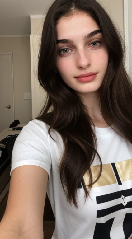 ((Front facing camera selfie)), 18 yo girl named Zahra Amiri, straight nose, (prominent nose bridge), (female face golden ratios:1.15), long dense dark brown hair, (pale skin:1.25), (hazel eyes), thin eyebrows, high cheekbones, beautiful plump lips, big natural breasts, wearing tshirt, apartment background, smirk