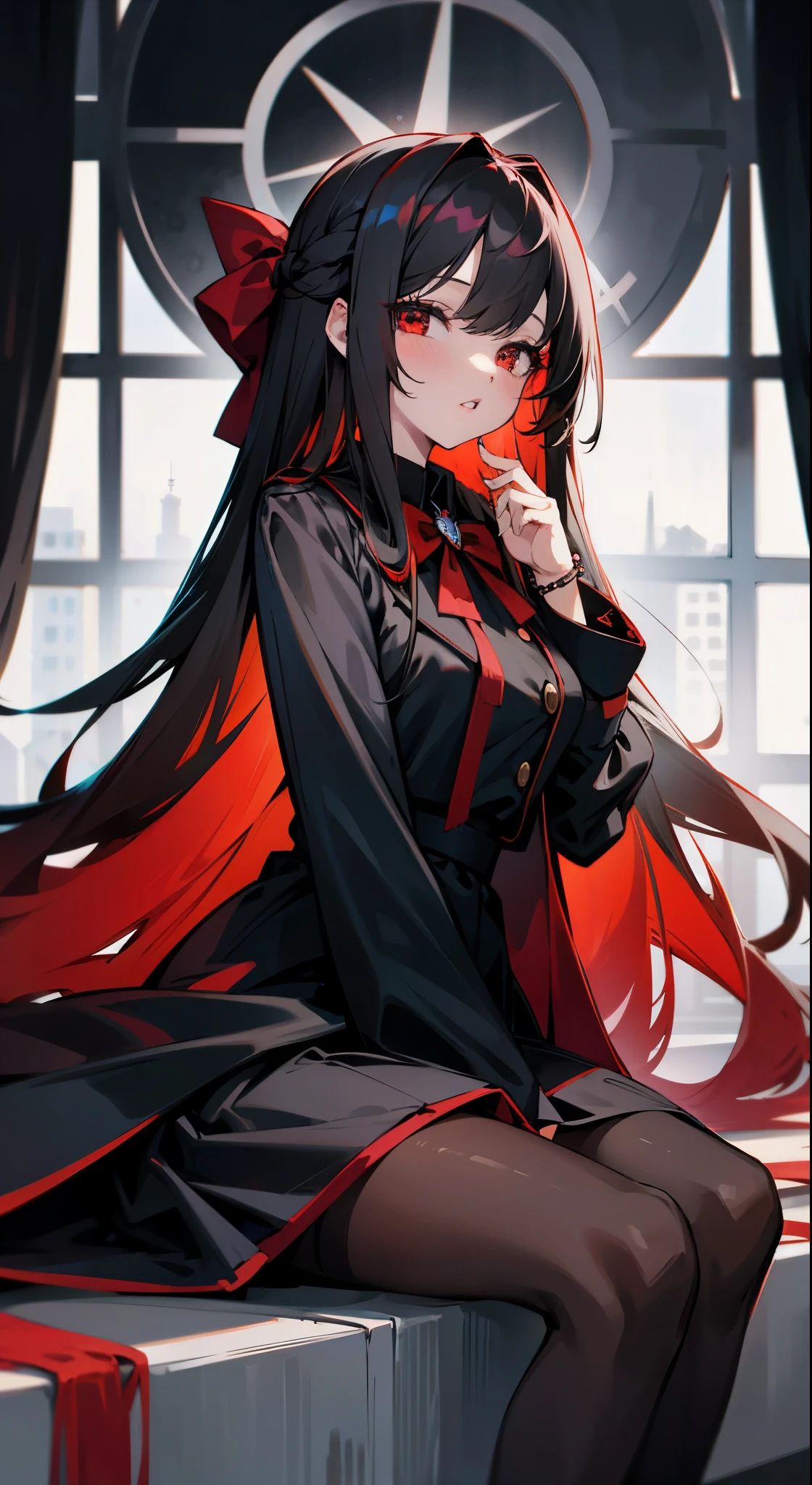 1girl, long hair, red bow, black skirt, red eyes, black pantyhose, looking at viewer, bracelet, gradient hair, parted lips, sitting, solo, window, coat, black coat