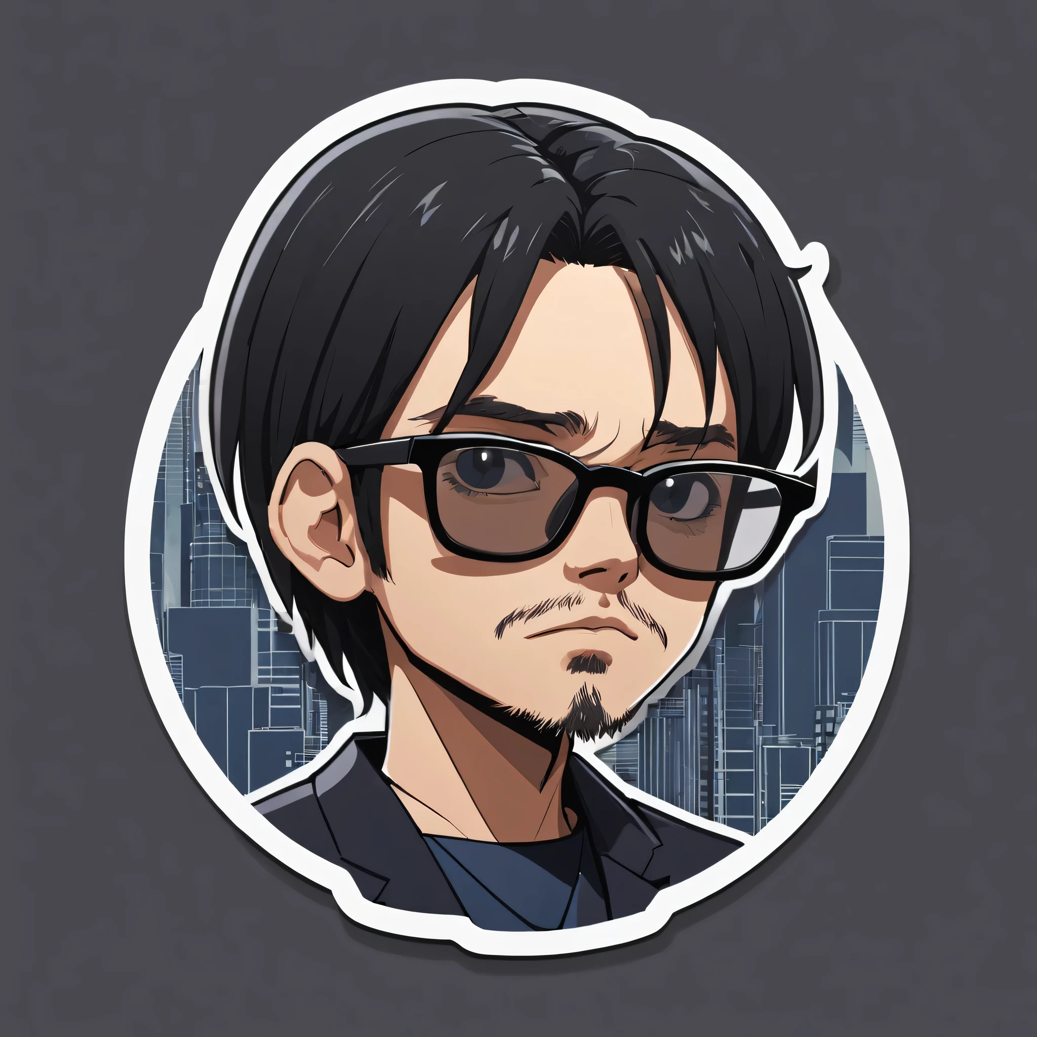 (One sticker,),(3D anime old boy),High hairline,short detailed hair, dark bag,Haggard face, a little fat, eye glass, Computer, (on a circular background), (Minimalist border)(cartoonish style), ultra - detailed, Detailed illustration, vectorized, 8K, 专业One sticker设计, Graphic design, vector lines, One sticker, Full-HD