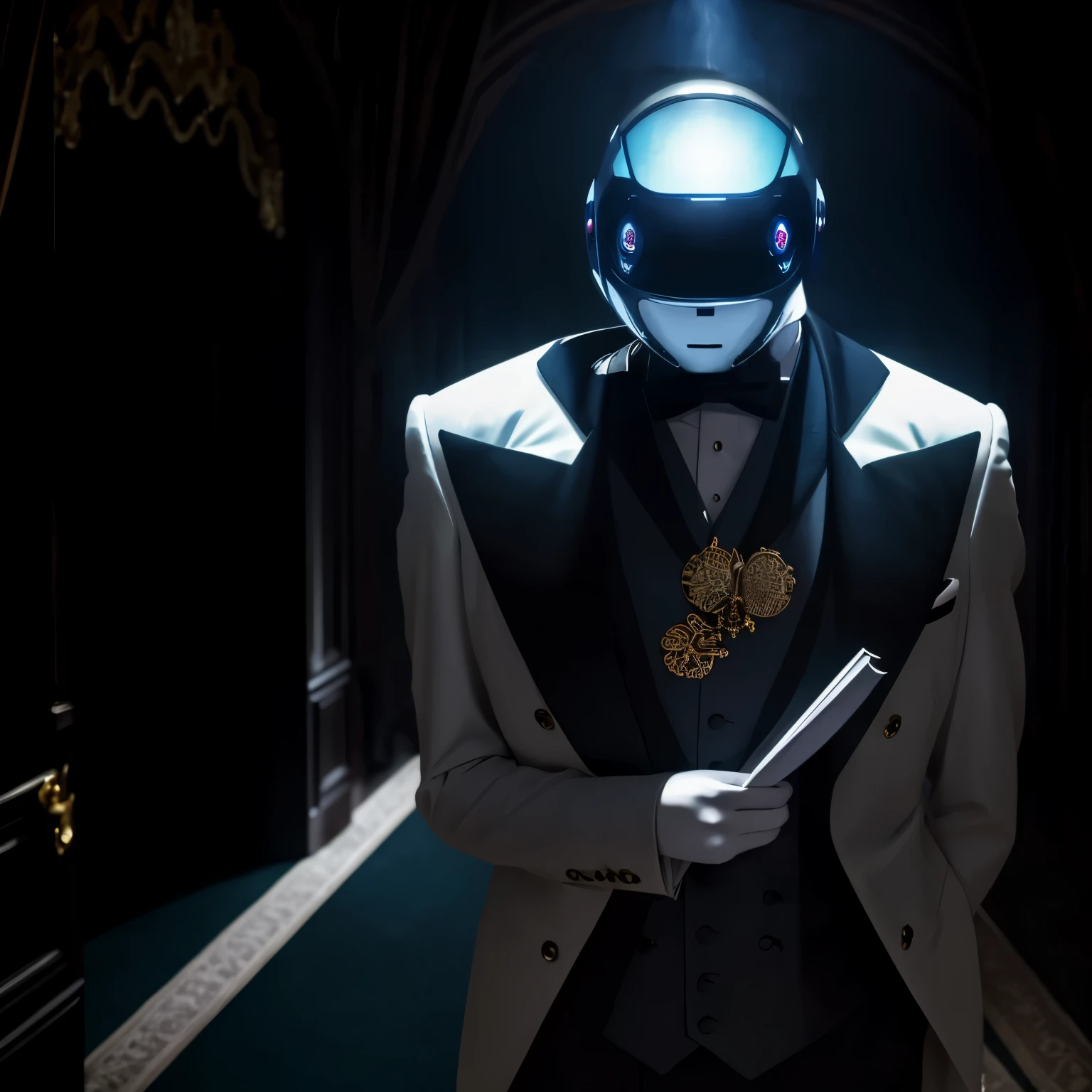 butler costume, background entrance room of a luxurious mansion