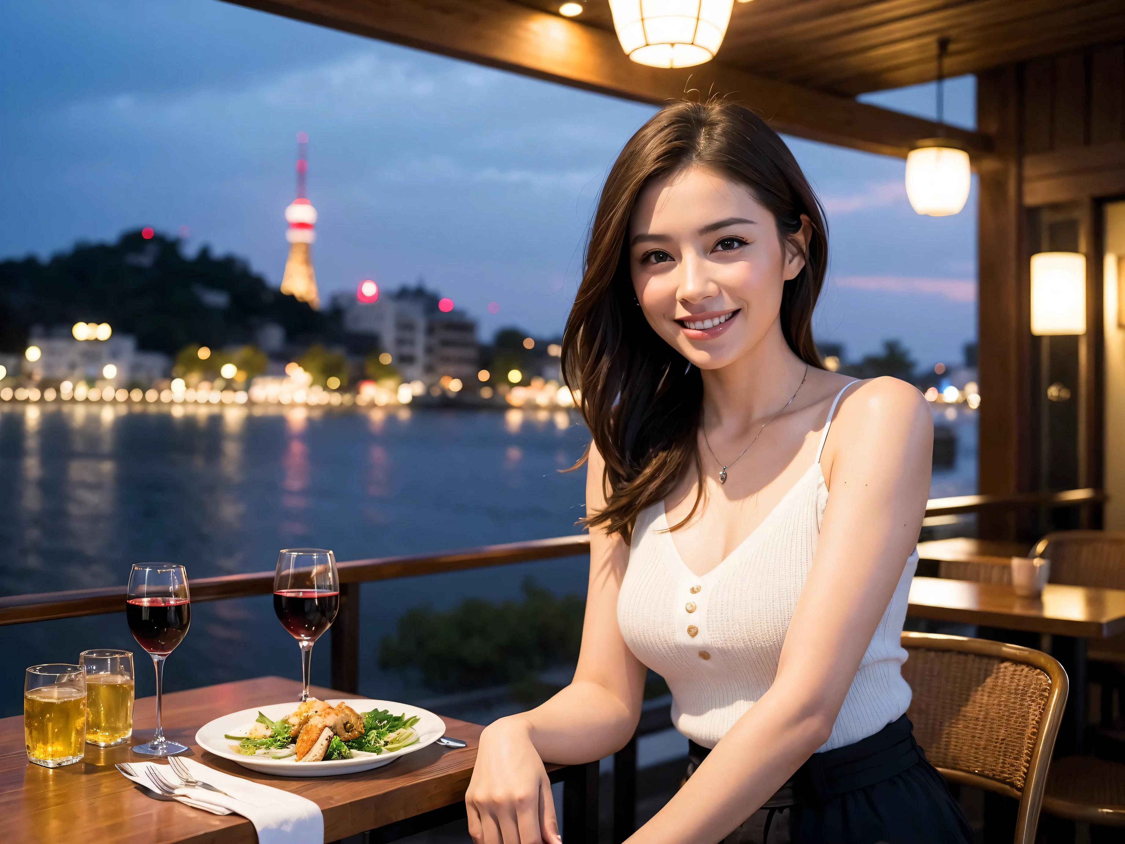 (64k uhd, nffsw, of the highest quality, masutepiece: 1.2), (Realistic, Photorealistic: 1.37), Pretty Woman 1, (Slim Face), (slimボティ), (Brown hair), (short-cut), Americana、Frenchman、cheeks blush a little, (40 years old), 38 years, Solo, A beautiful and detailed night view spreads out outside the window.........., restaurant, wine glassesに座って, At night, In a prominent place (from waist up) NovaFrogStyle, actress, Model, waist-up, white wine, slim, wine glasses, Super clean night view, 真ん中に置かれたwine glasses, Happy smile, (Smile: 1.15), Beautiful fine eyes, Upper body, Bust Japan Up, Night, Short, Short, actress, Model, waist-up, white wine, slim, wine glasses, Super clean night view, 真ん中に置かれたwine glasses, Happy smile,