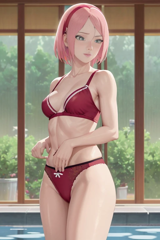 masterpiece, absurdres, 1girl, Model of Calvin Klein. Hinata\(shippuden\), floating hair, wind. masterpiece, absurdres , (intricate details), (colorful),cinematic lighting,bust shot,extremely detailed CG unity 8k wallpaper 1girl, solo, Calvin Klein Cute laces Bra, Adorable laces Panties. Swimming Pool Background. People at swimming pool are staring at Hinata she's really attractive, athletic Abs detailed, biceps triceps pumped up, body sweat glow, sweat on her body, wide hips, Attractive curvy butt. Heart shaped Lips, Painted Lips shine. detailed eyes, blushed, Adorable Facial, looking at viewer