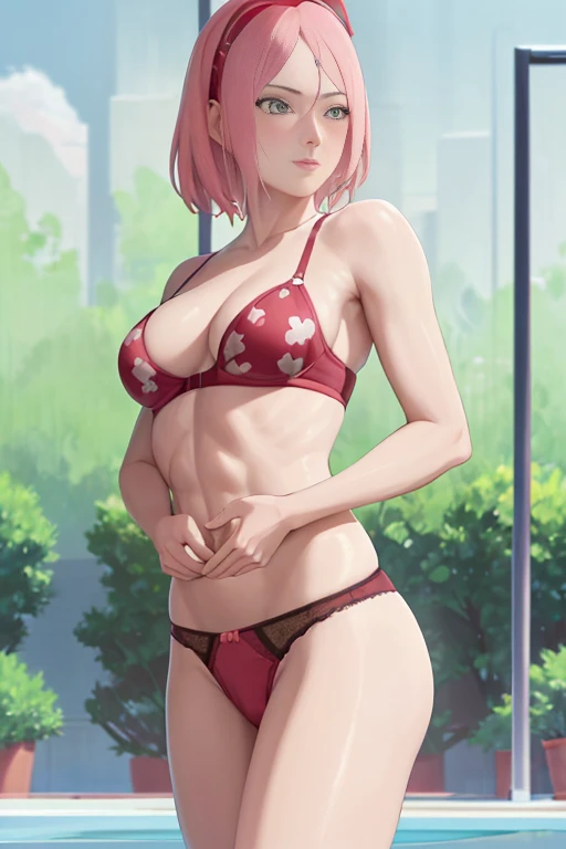 masterpiece, absurdres, 1girl, Model of Calvin Klein. Hinata\(shippuden\), floating hair, wind. masterpiece, absurdres , (intricate details), (colorful),cinematic lighting,bust shot,extremely detailed CG unity 8k wallpaper 1girl, solo, Calvin Klein Cute laces Bra, Adorable laces Panties. Swimming Pool Background. People at swimming pool are staring at Hinata she's really attractive, athletic Abs detailed, biceps triceps pumped up, body sweat glow, sweat on her body, wide hips, Attractive curvy butt. Heart shaped Lips, Painted Lips shine. detailed eyes, blushed, Adorable Facial, looking at viewer