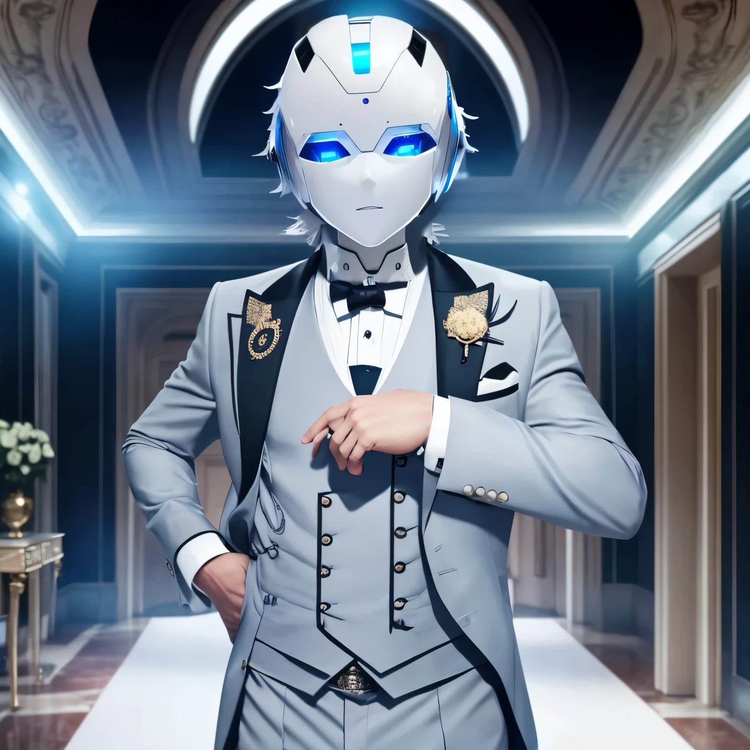 butler costume, background entrance room of a luxurious mansion