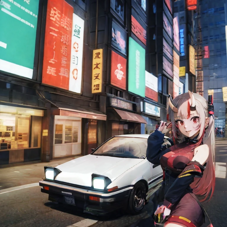 Anime girl on the street with cars and cars, art deco outrun anime aesthestic, cyberpunk streets in japan, Tokyo Anime Scene, best anime 4k konachan wallpaper, Anime style 4 k, in the cyberpunk city, Anime style. 8K, anime cyberpunk, anime cyberpunk art, 8 0 s anime vibe, Cyberpunk Anime Girl, neo tokyo background、A slight smil